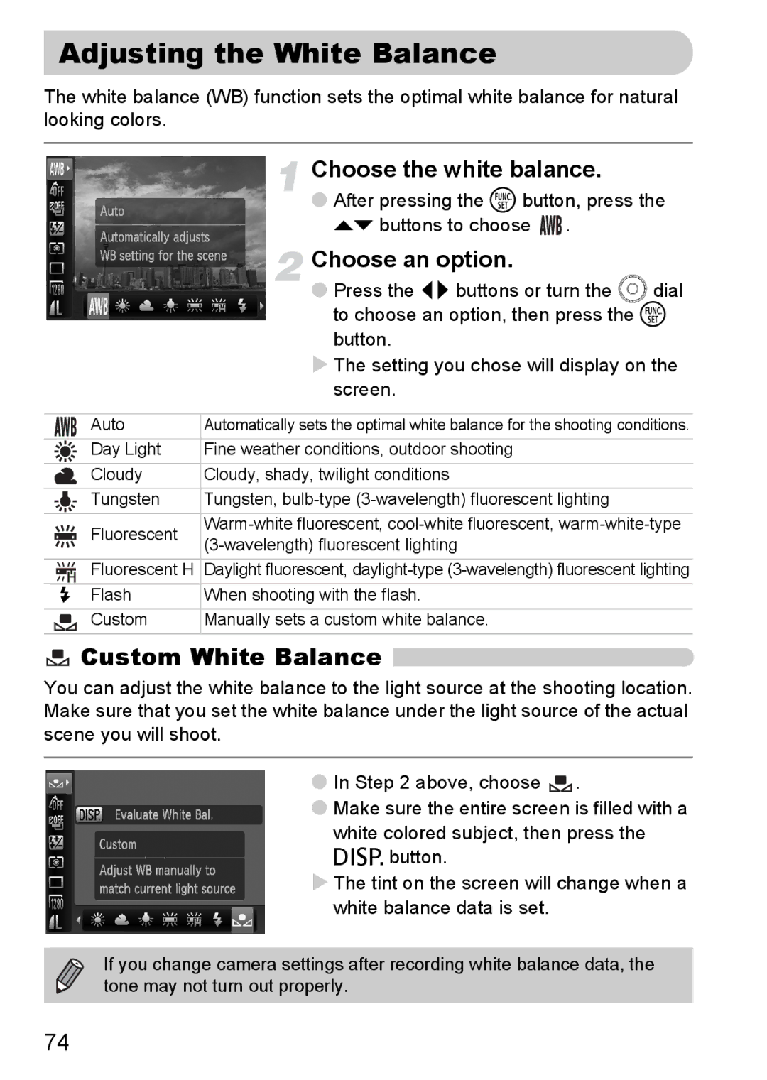 Canon SX20 IS manual Adjusting the White Balance, Custom White Balance, Choose the white balance 