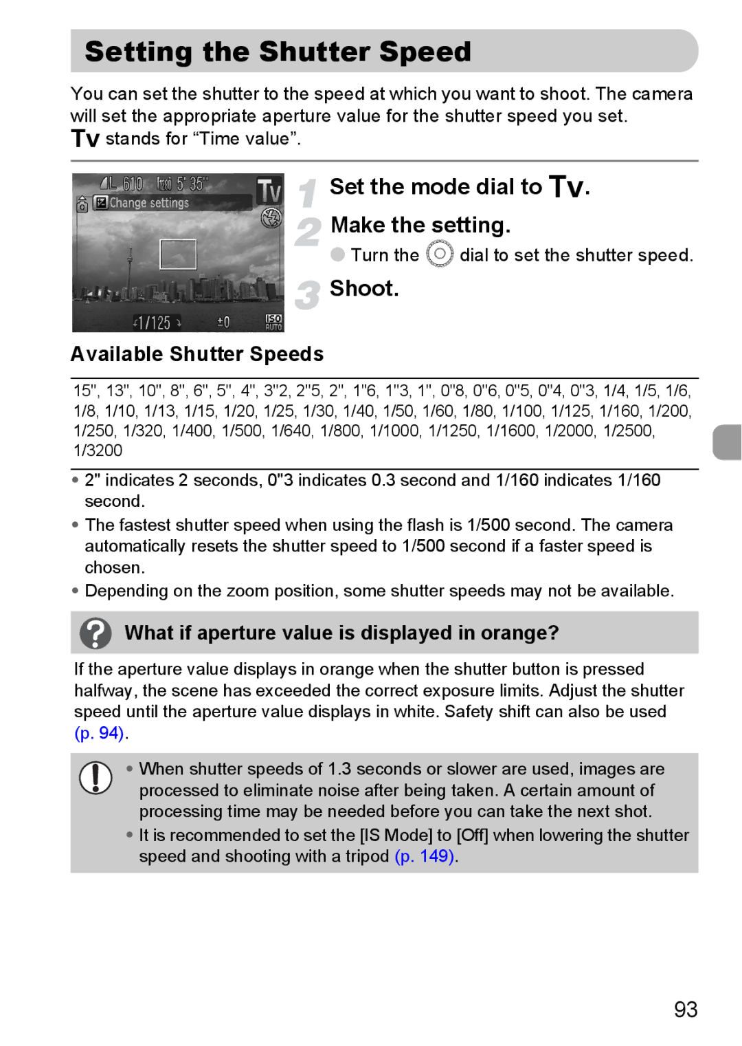 Canon SX20 IS manual Setting the Shutter Speed, Set the mode dial to M Make the setting, Available Shutter Speeds 