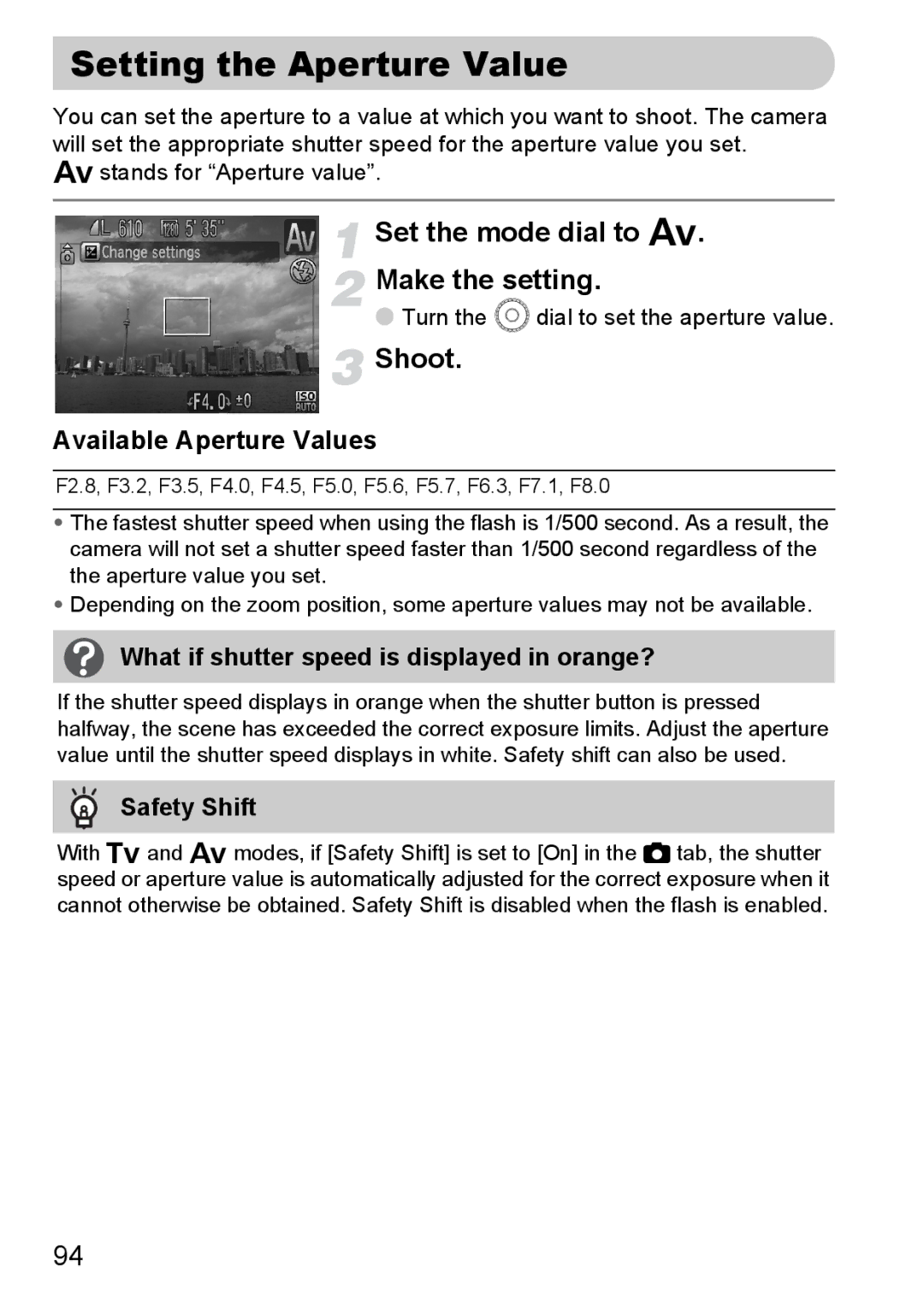 Canon SX20 IS Setting the Aperture Value, Set the mode dial to B Make the setting, Available Aperture Values, Safety Shift 