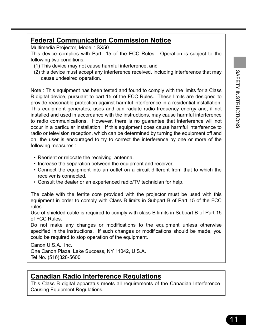 Canon SX20 manual Federal Communication Commission Notice, Canadian Radio Interference Regulations 