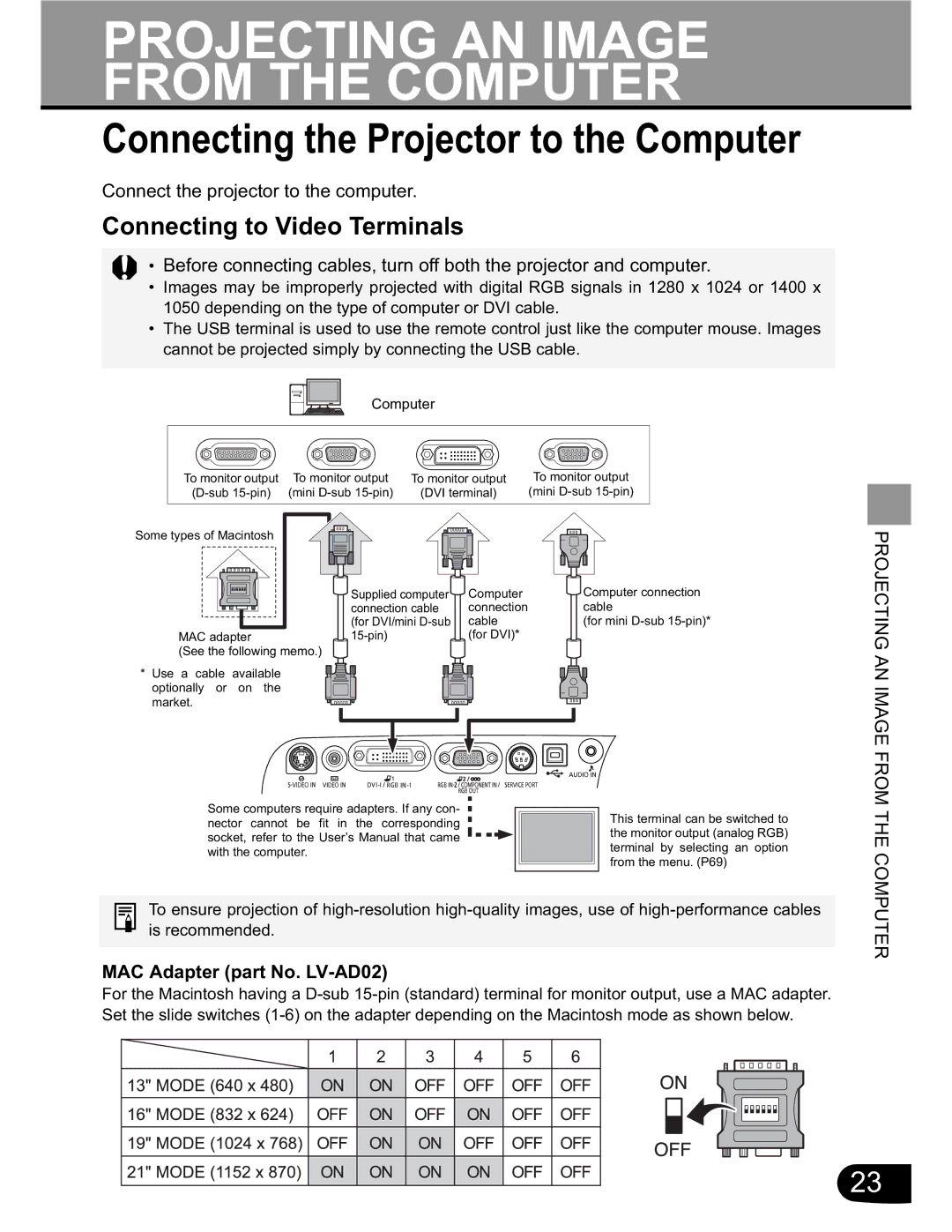 Canon SX20 manual Connecting the Projector to the Computer, Connecting to Video Terminals, MAC Adapter part No. LV-AD02 