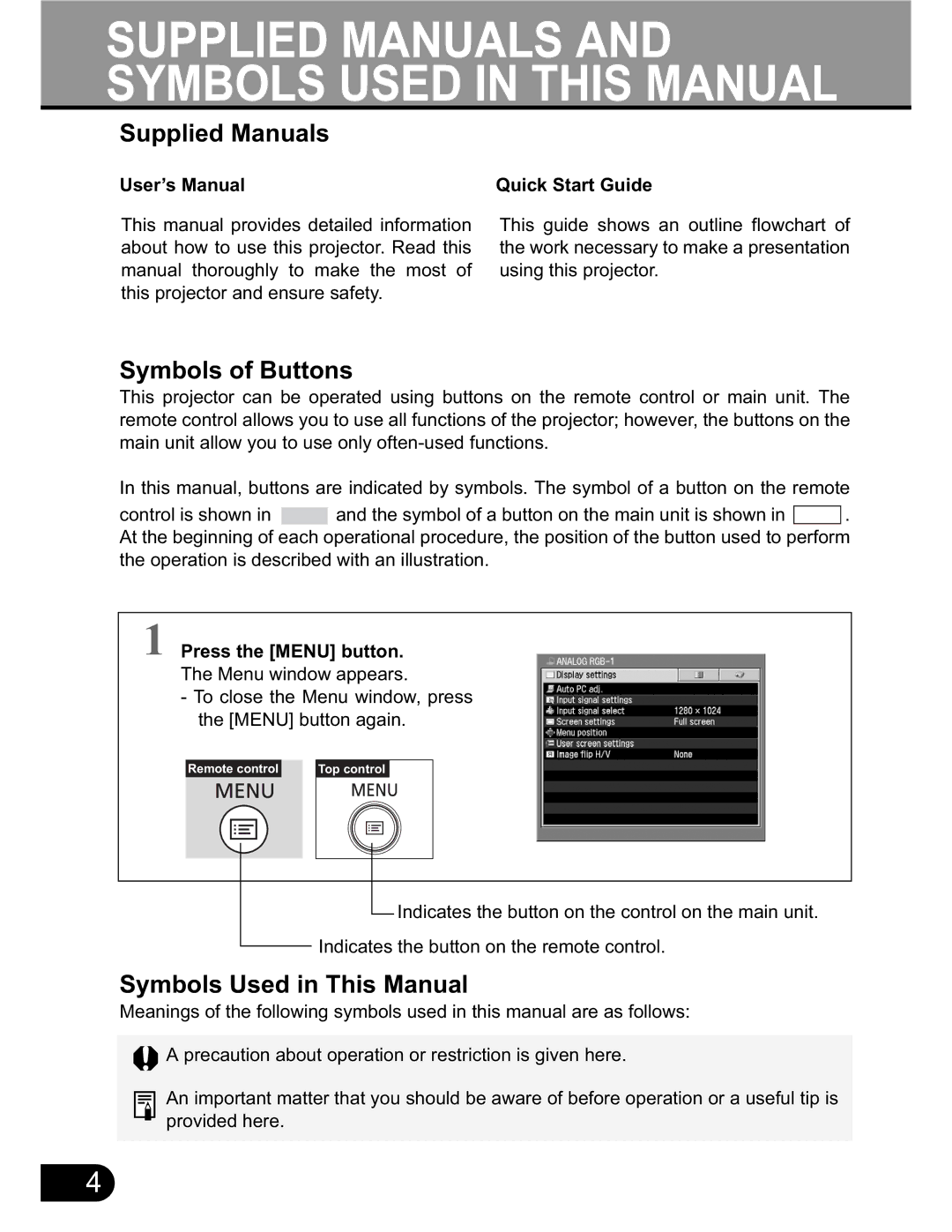 Canon SX20 manual Supplied Manuals, Symbols of Buttons, Symbols Used in This Manual, User’s Manual Quick Start Guide 