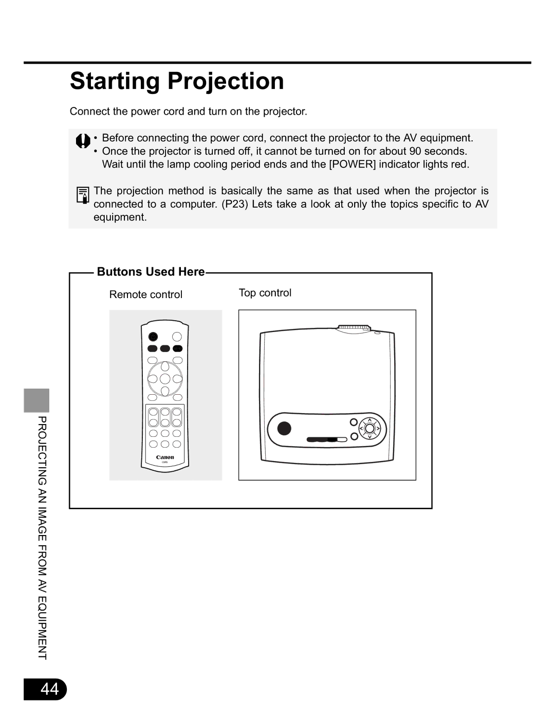 Canon SX20 manual Starting Projection 
