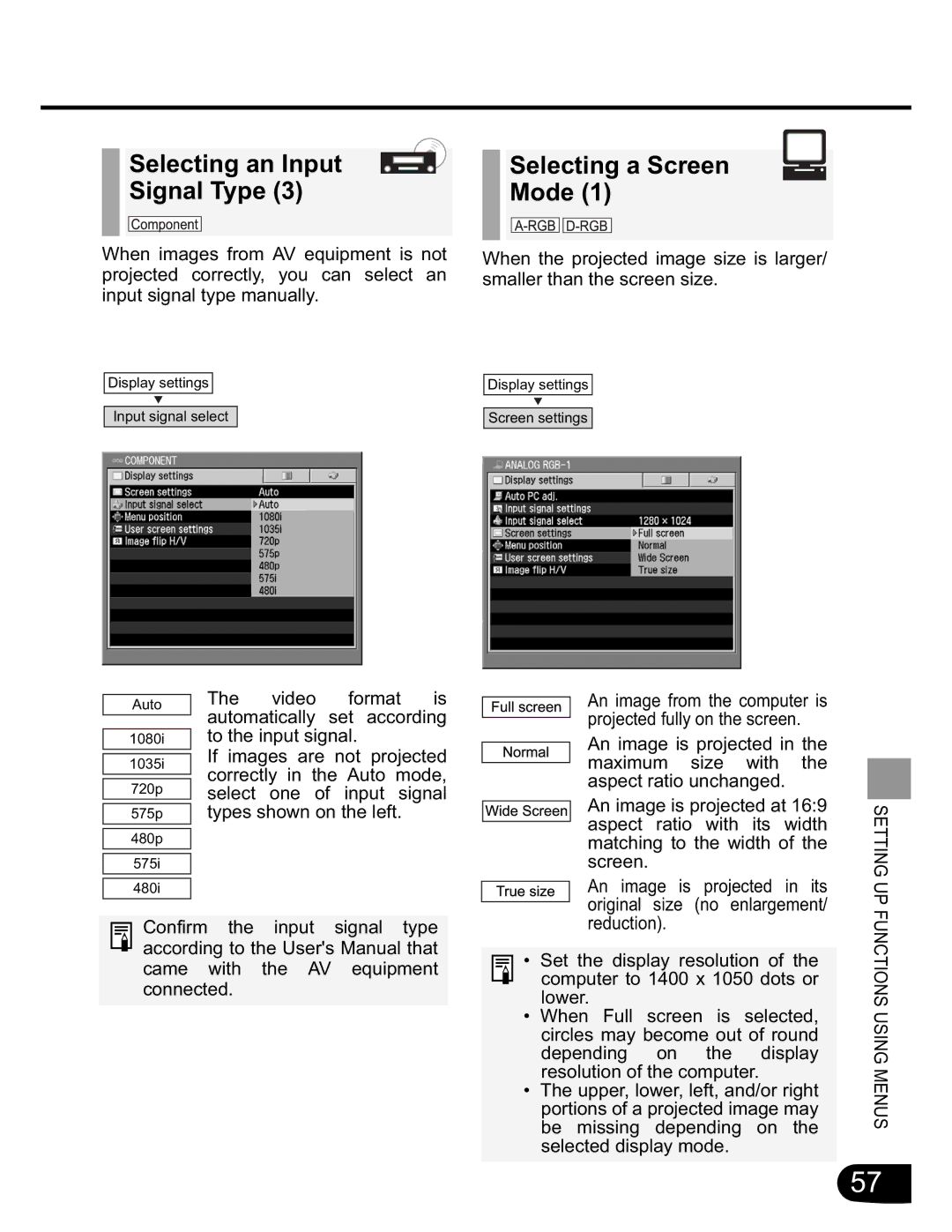 Canon SX20 manual Selecting an Input Signal Type Selecting a Screen Mode, Confirm Input Signal Type 