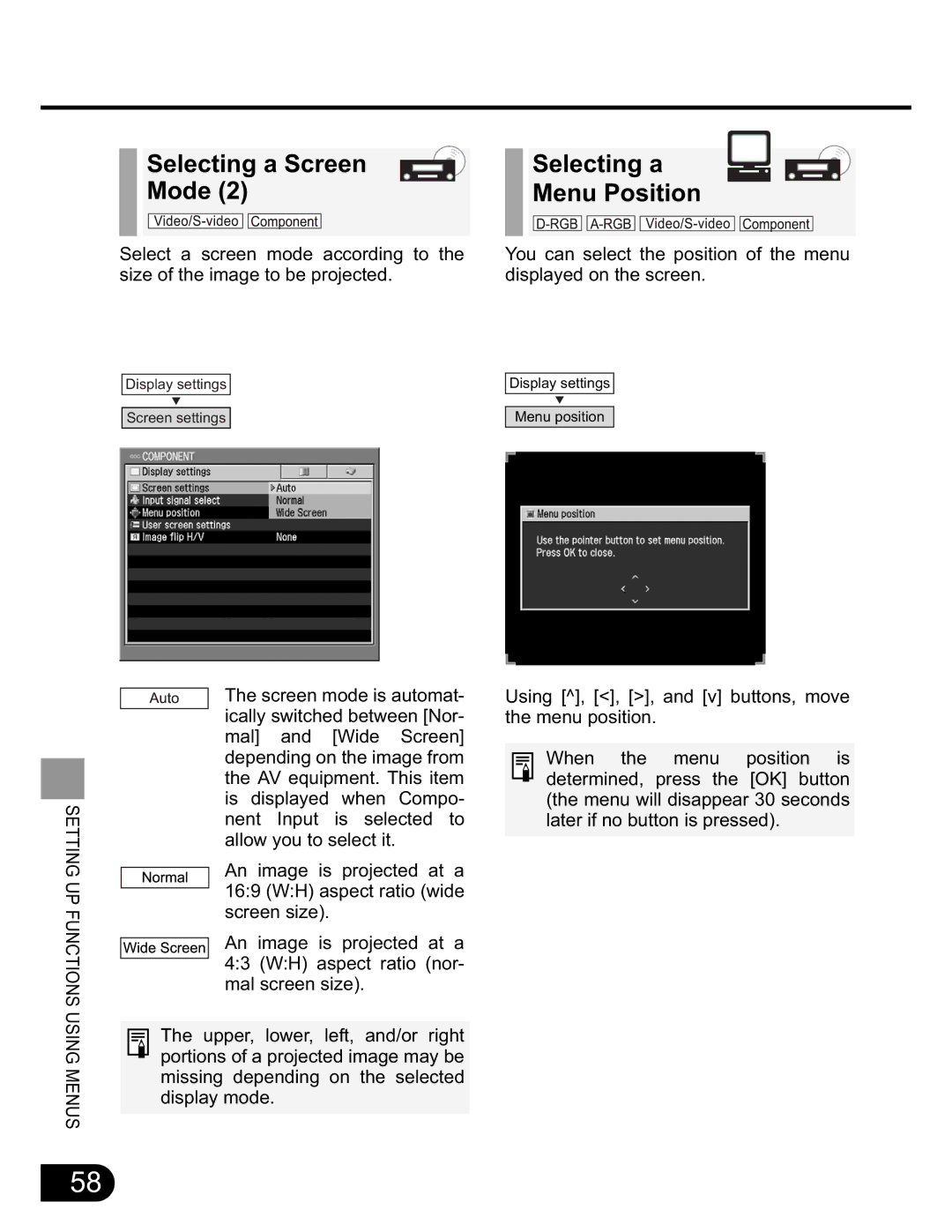 Canon SX20 manual Selecting a Screen Mode Selecting a Menu Position 