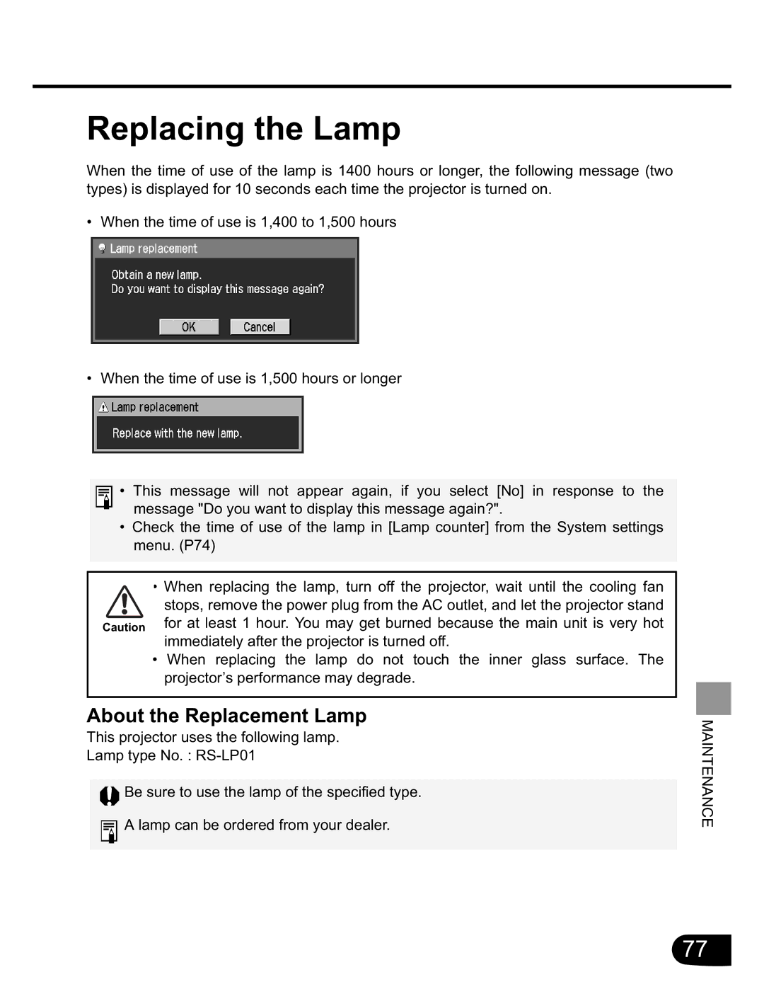 Canon SX20 manual Replacing the Lamp, About the Replacement Lamp 