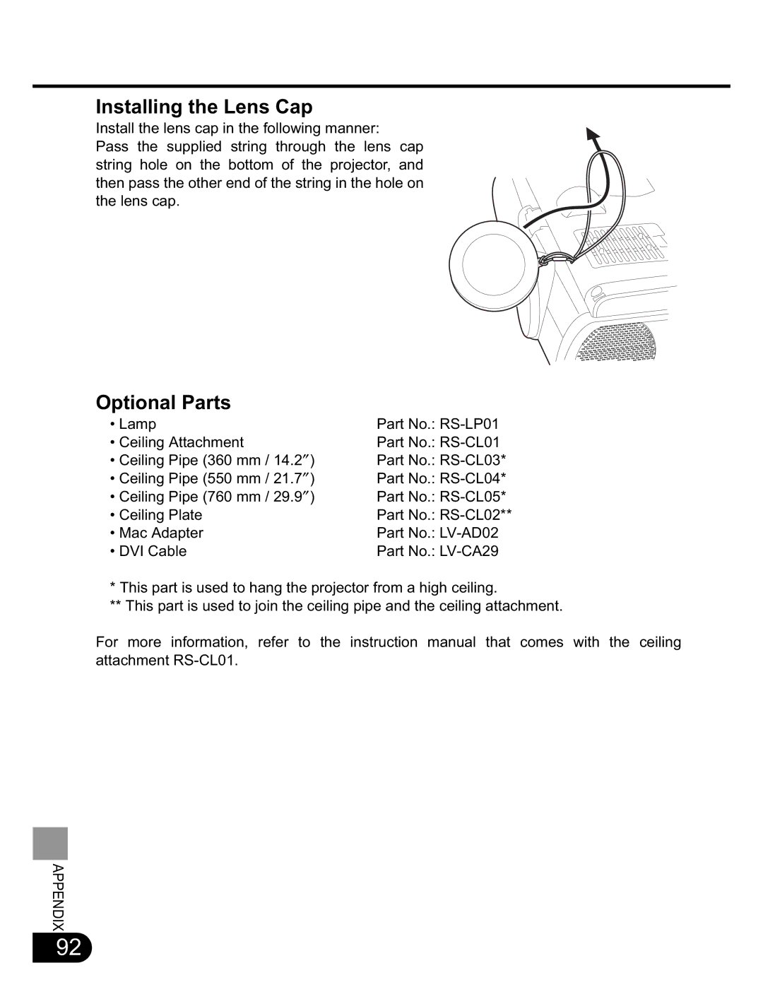 Canon SX20 manual Installing the Lens Cap, Optional Parts 