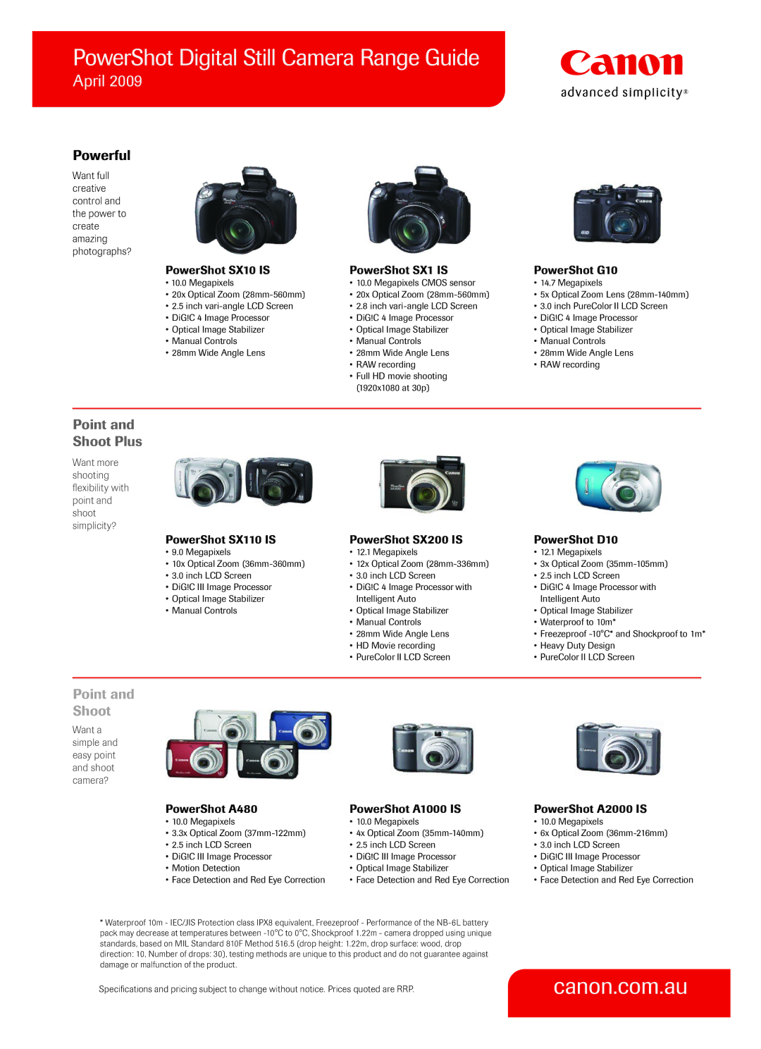 Canon D10, Sx200 Is, A480, A2000 IS manual PowerShot Digital Still Camera Range Guide, April, Powerful, Point Shoot Plus 