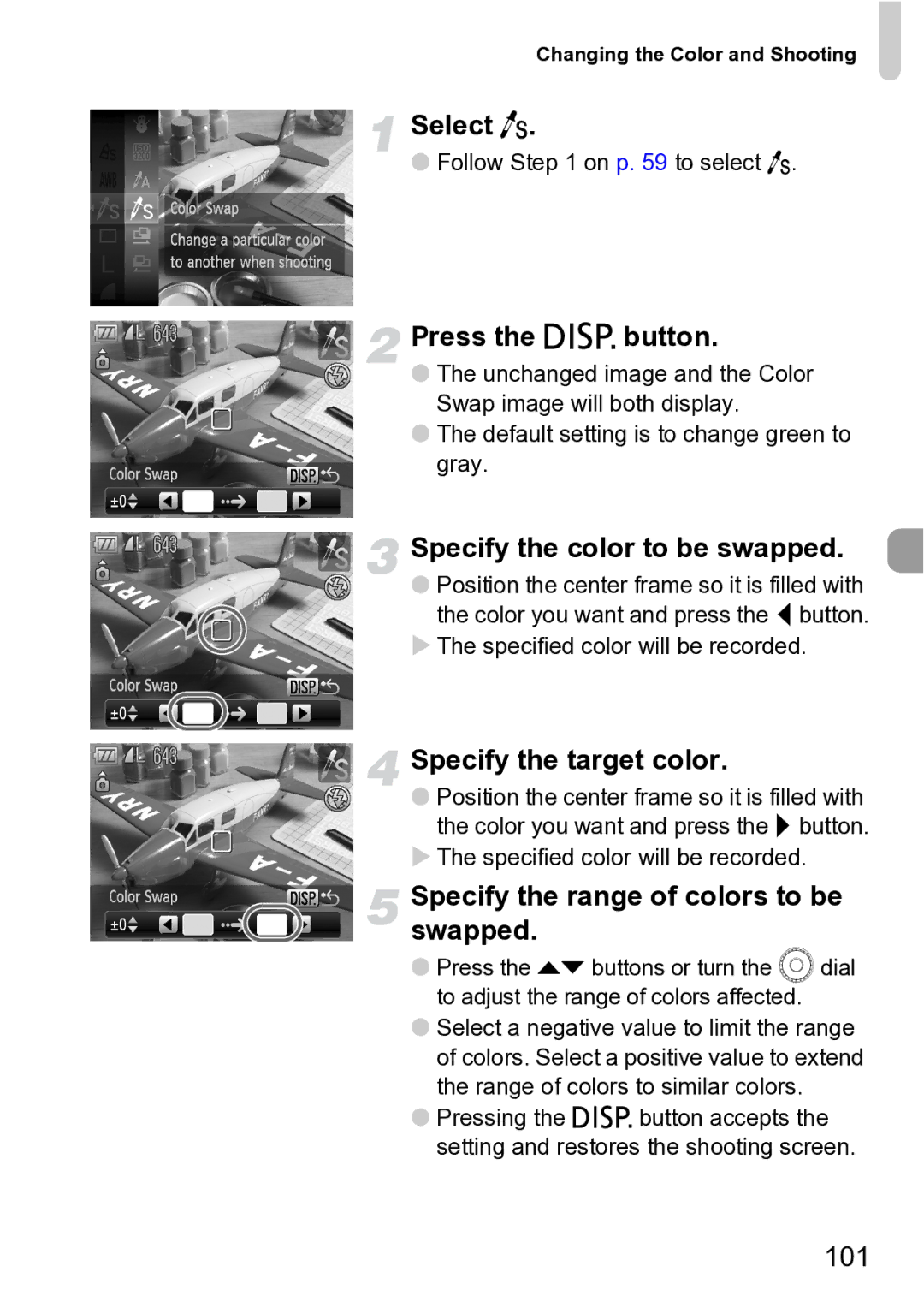 Canon Sx200 Is manual Select Y, Specify the color to be swapped, Specify the target color, 101 