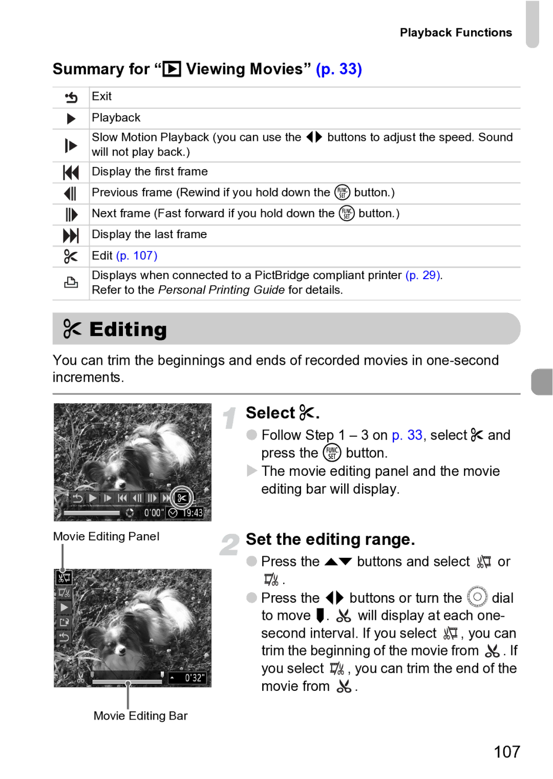 Canon Sx200 Is manual Editing, Set the editing range, 107, Summary for 1 Viewing Movies p, Movie from 