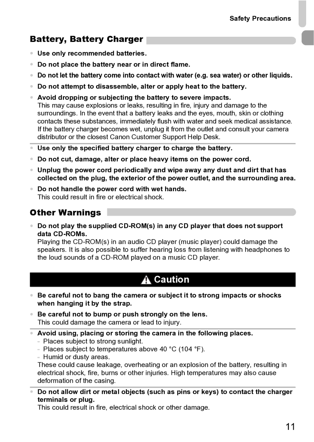 Canon Sx200 Is manual Battery, Battery Charger, Other Warnings, Safety Precautions 