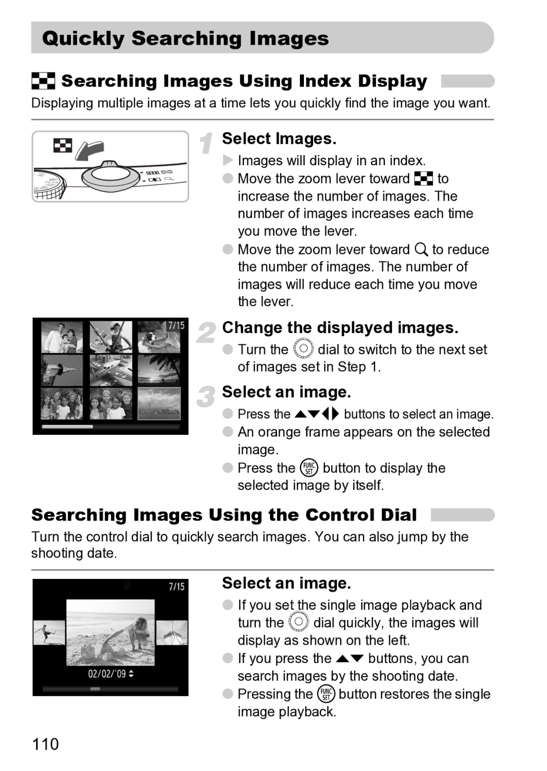 Canon Sx200 Is Quickly Searching Images, Searching Images Using Index Display, Searching Images Using the Control Dial 