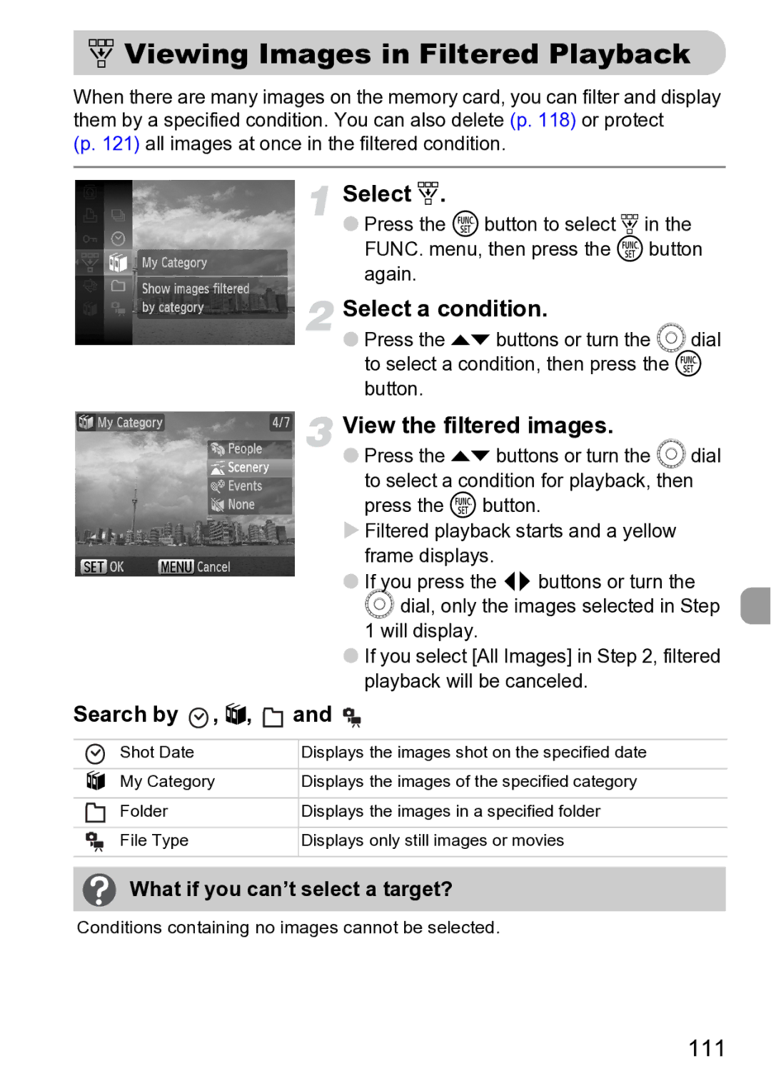 Canon Sx200 Is manual ‚ Viewing Images in Filtered Playback, Select ‚, Select a condition, View the filtered images, 111 