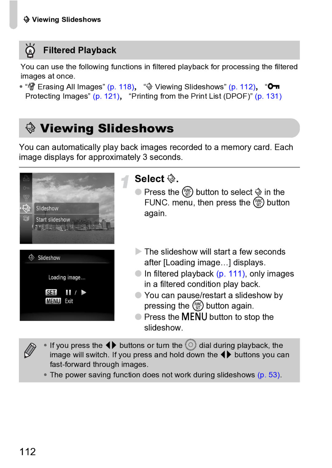 Canon Sx200 Is manual Viewing Slideshows, 112, Filtered Playback 