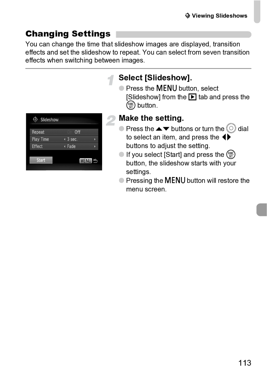 Canon Sx200 Is manual Changing Settings, Select Slideshow, 113 