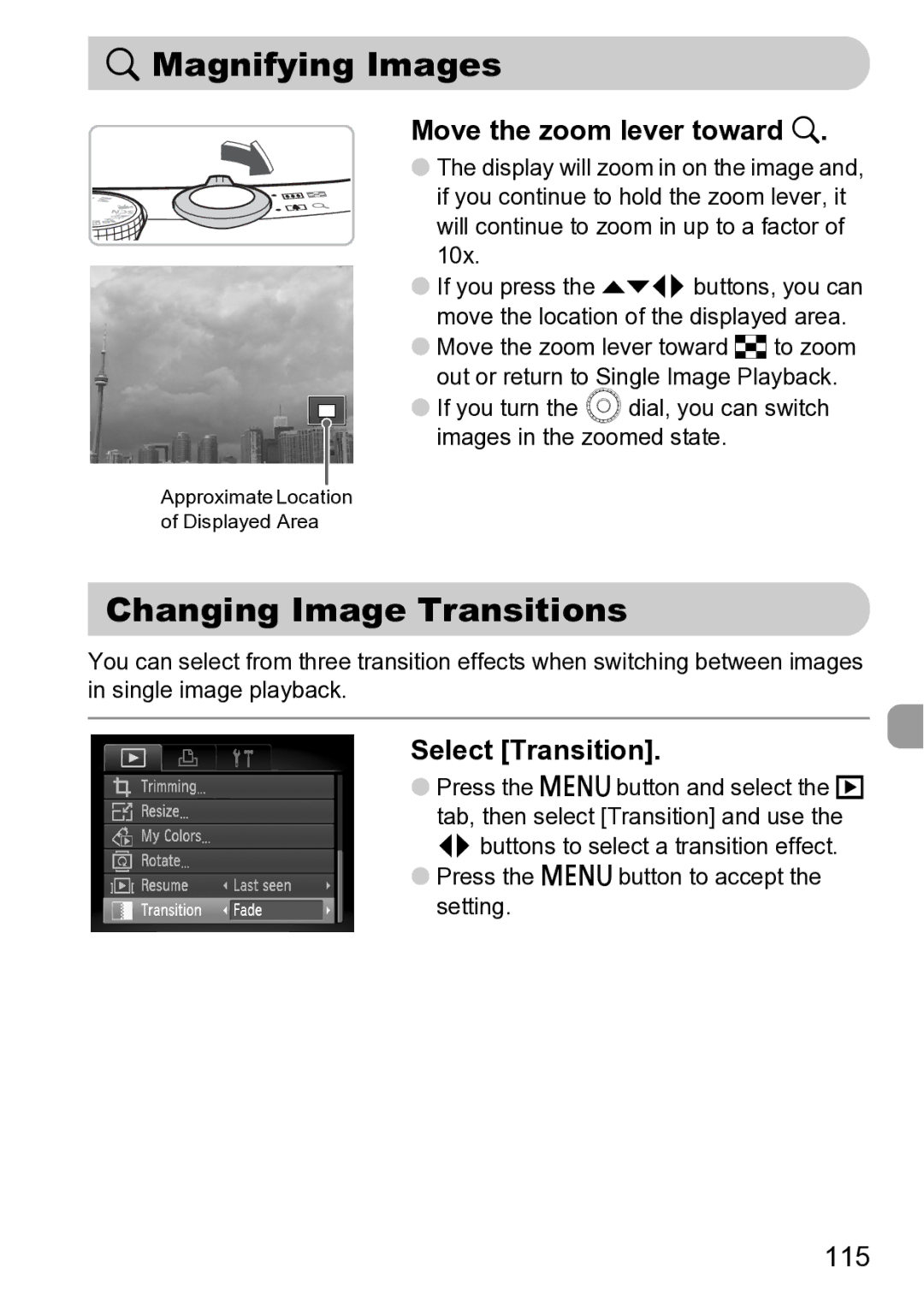 Canon Sx200 Is manual Magnifying Images, Changing Image Transitions, Move the zoom lever toward k, Select Transition, 115 