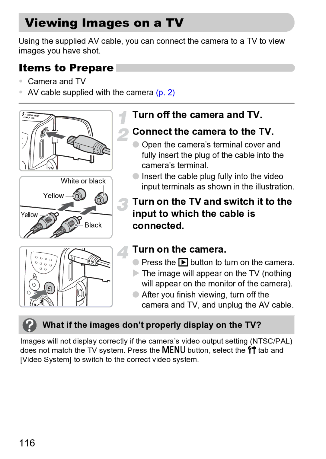 Canon Sx200 Is manual Viewing Images on a TV, Turn off the camera and TV. Connect the camera to the TV, 116 