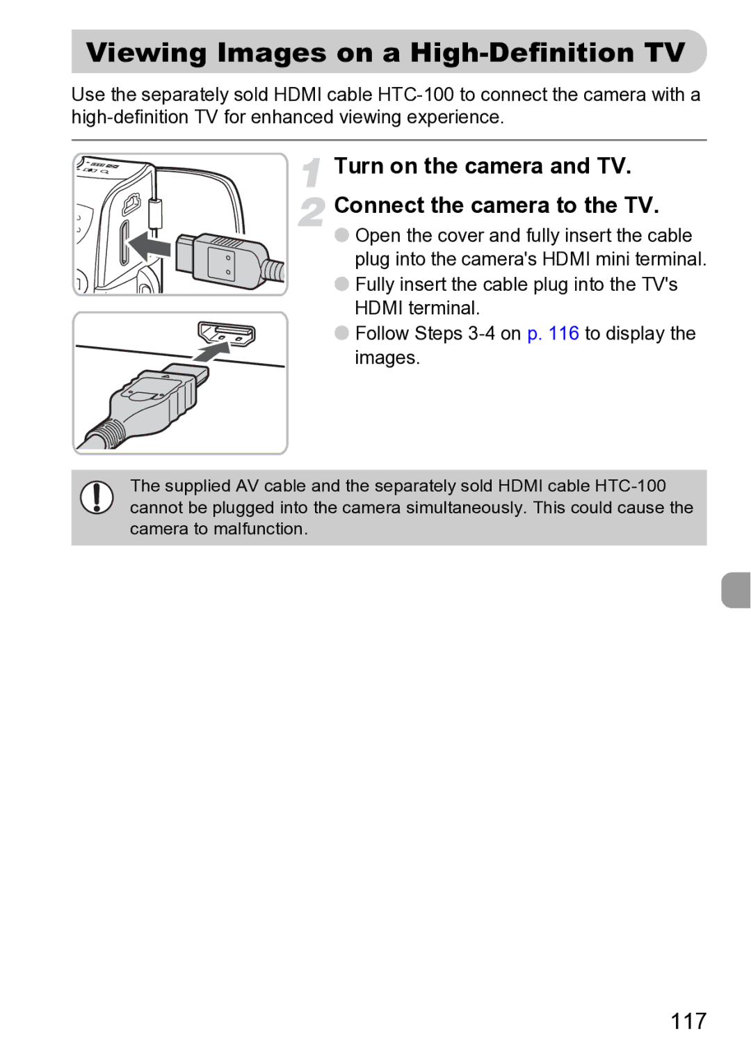 Canon Sx200 Is manual Viewing Images on a High-Definition TV, Turn on the camera and TV Connect the camera to the TV, 117 