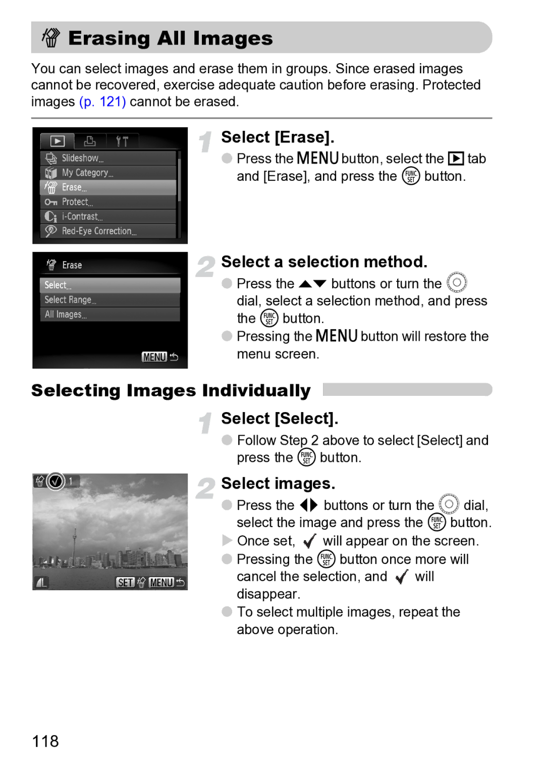 Canon Sx200 Is Erasing All Images, Selecting Images Individually, Select Erase, Select a selection method, Select Select 