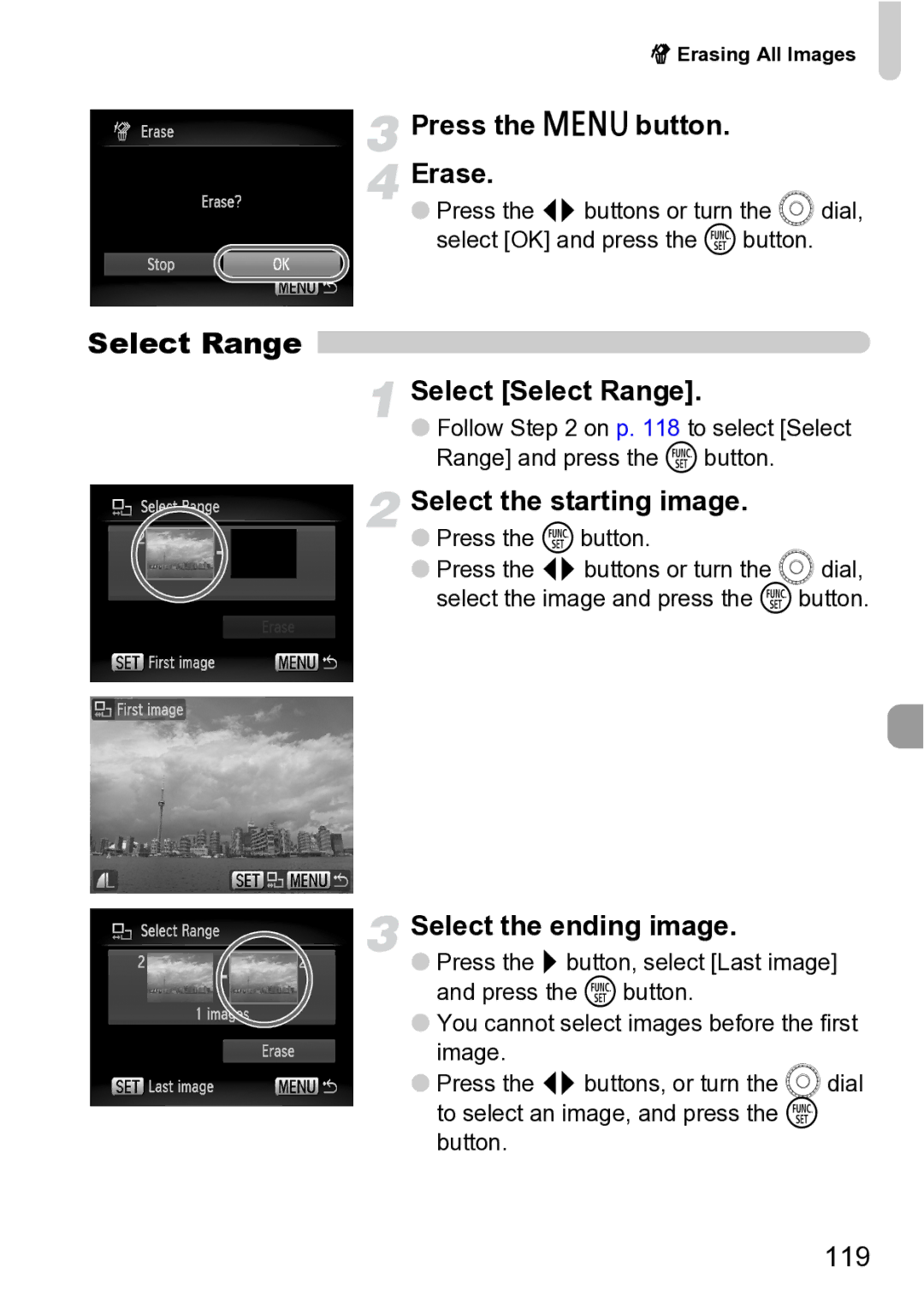 Canon Sx200 Is manual Press the n button Erase, Select Select Range, Select the starting image, Select the ending image 