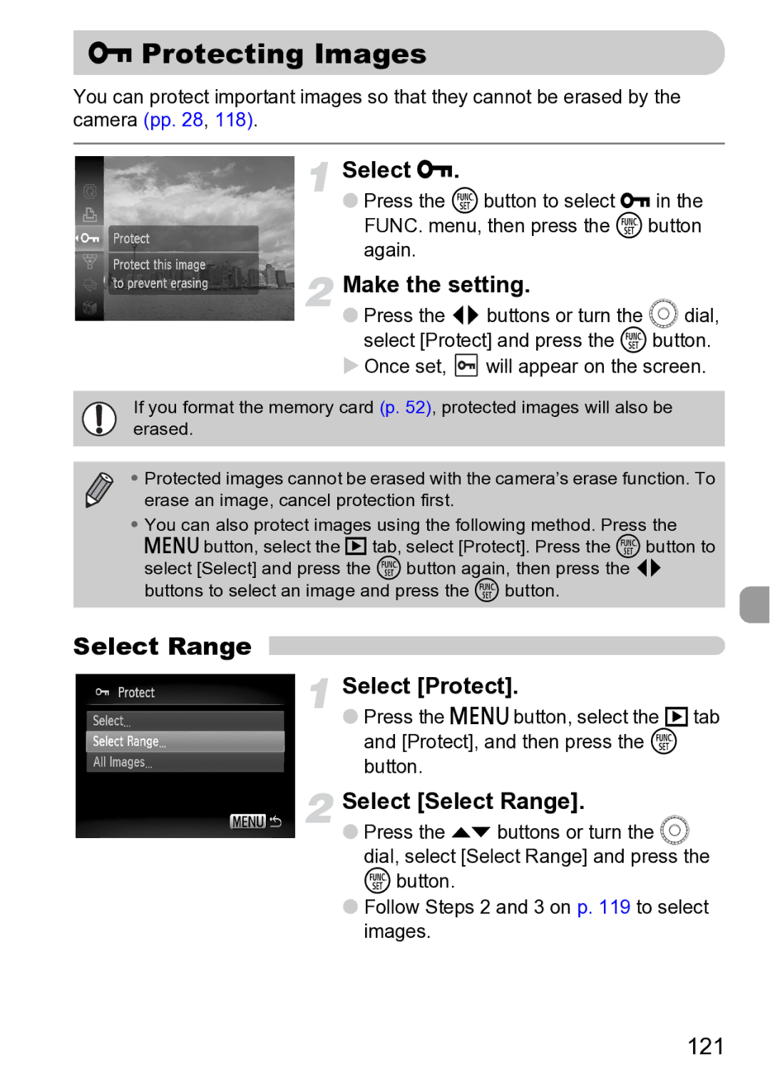 Canon Sx200 Is manual Protecting Images, Select Protect, 121 