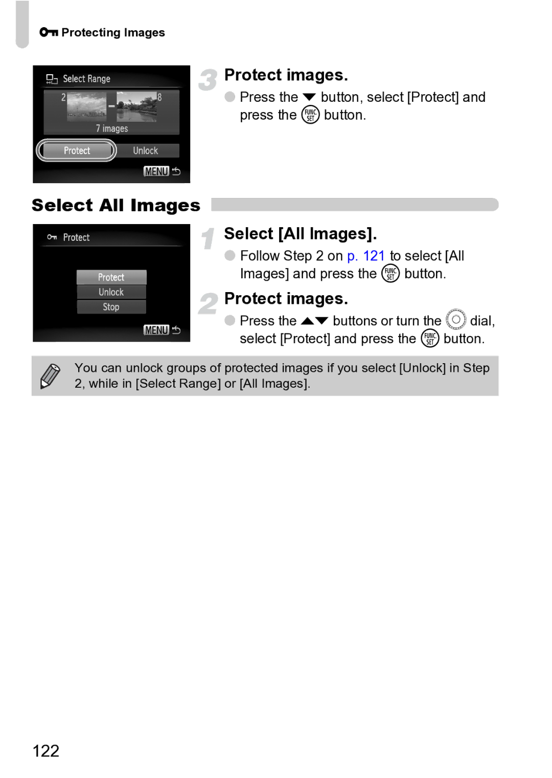 Canon Sx200 Is manual Protect images, 122, Press the p button, select Protect and press the m button, Protecting Images 