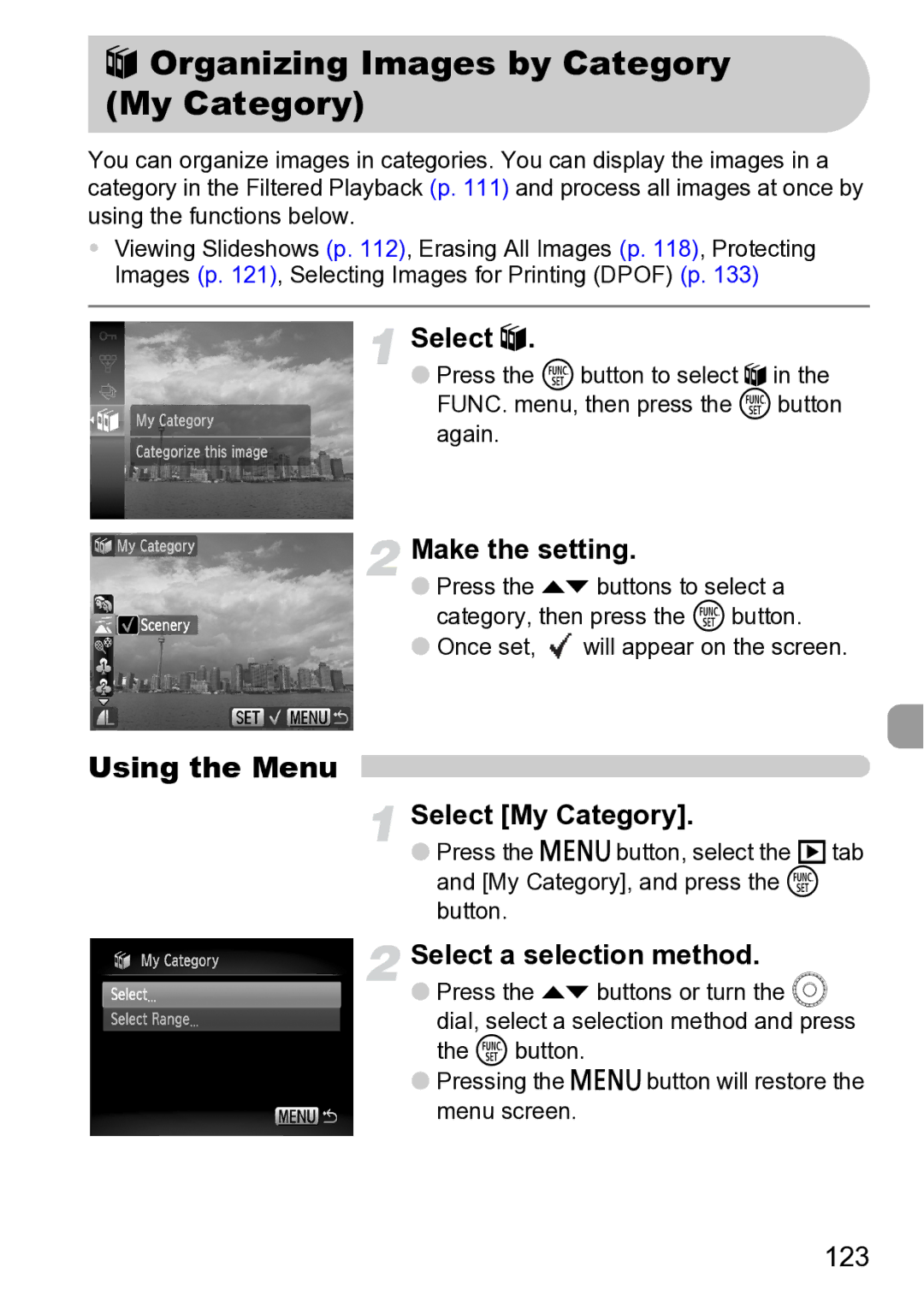 Canon Sx200 Is manual Organizing Images by Category My Category, Using the Menu, Select My Category, 123 