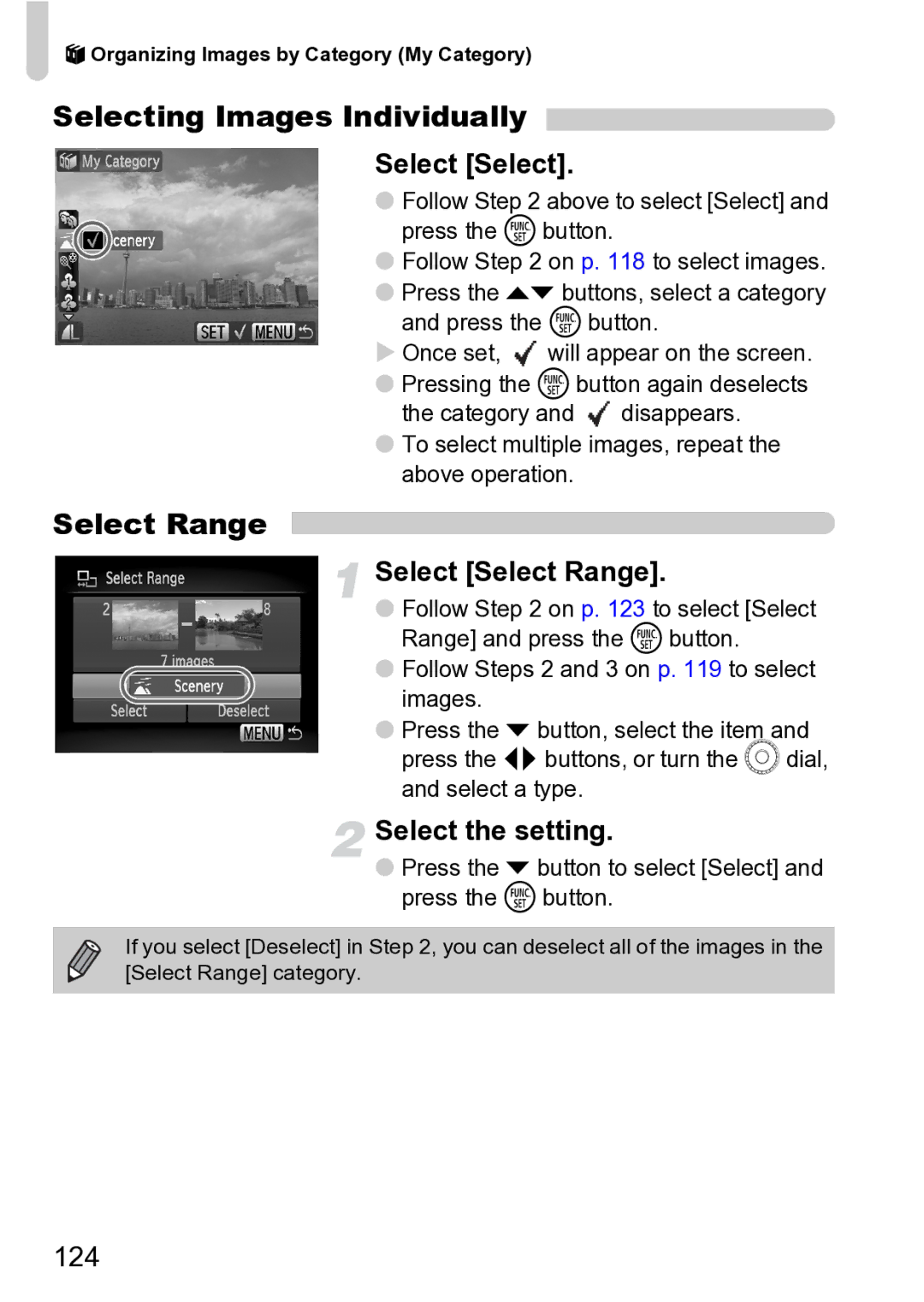 Canon Sx200 Is manual Select the setting, 124, Press the p button to select Select and press the m button 