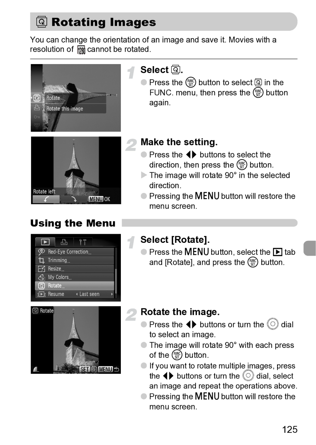 Canon Sx200 Is manual Rotating Images, Select Rotate, Rotate the image, 125 