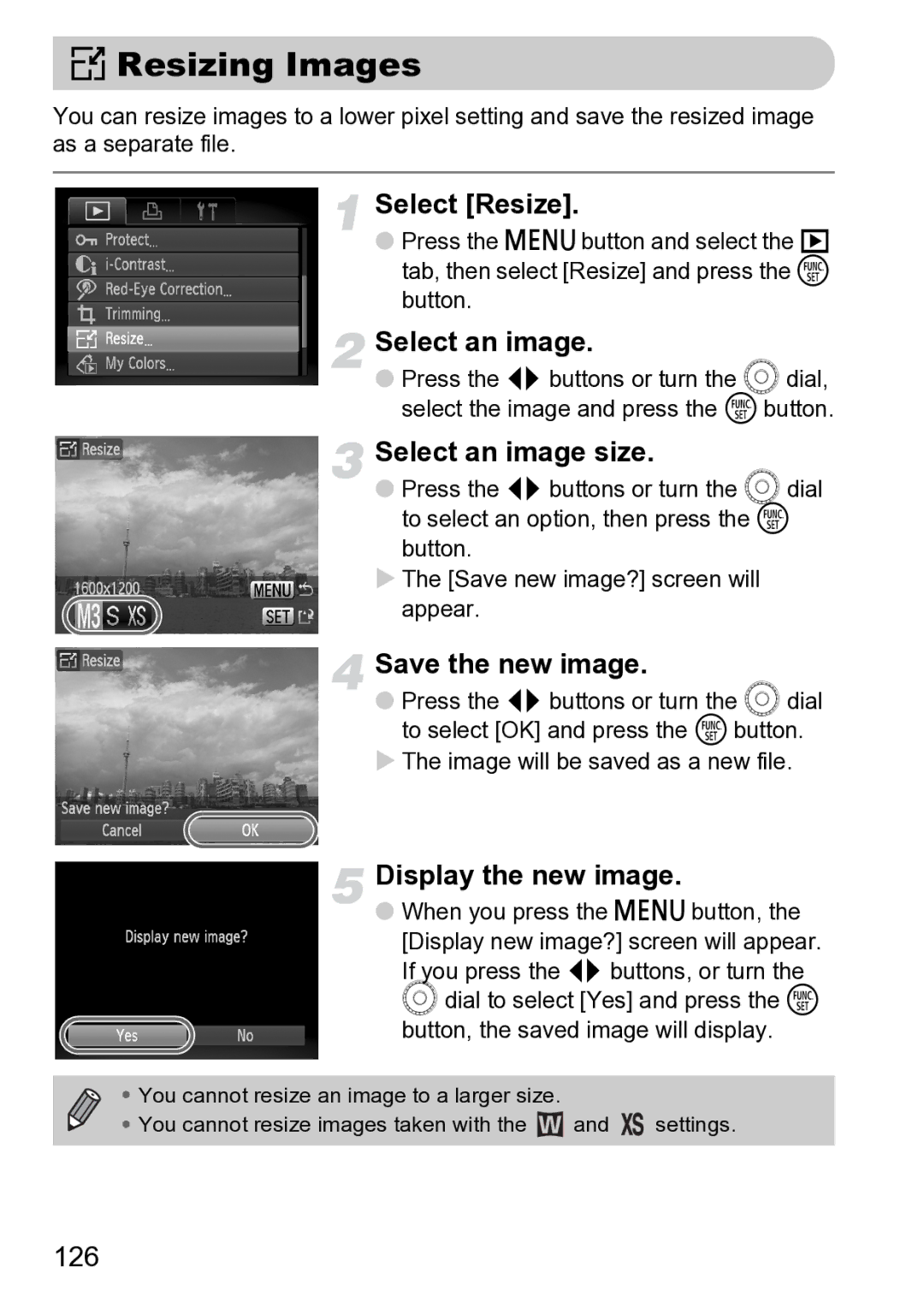 Canon Sx200 Is manual = Resizing Images, Select Resize, Select an image size, Save the new image, Display the new image 