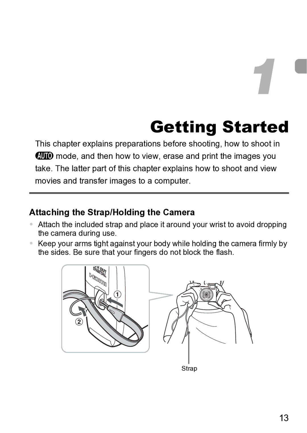 Canon Sx200 Is manual Getting Started, Attaching the Strap/Holding the Camera 