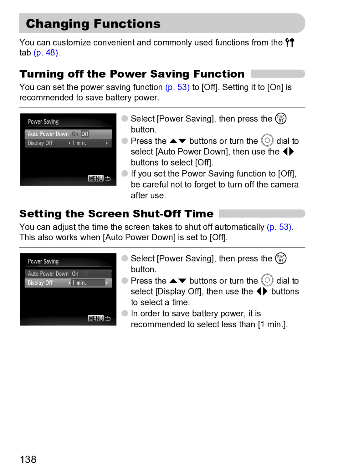 Canon Sx200 Is manual Changing Functions, Turning off the Power Saving Function, Setting the Screen Shut-Off Time, 138 