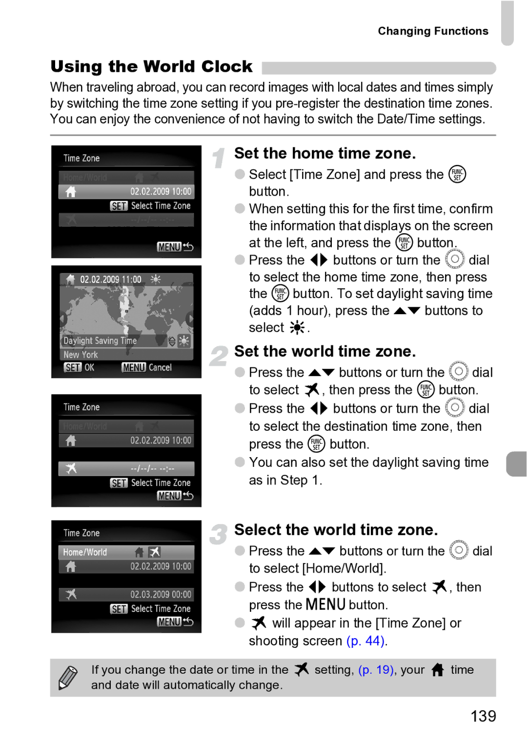 Canon Sx200 Is Using the World Clock, Set the home time zone, Set the world time zone, Select the world time zone, 139 