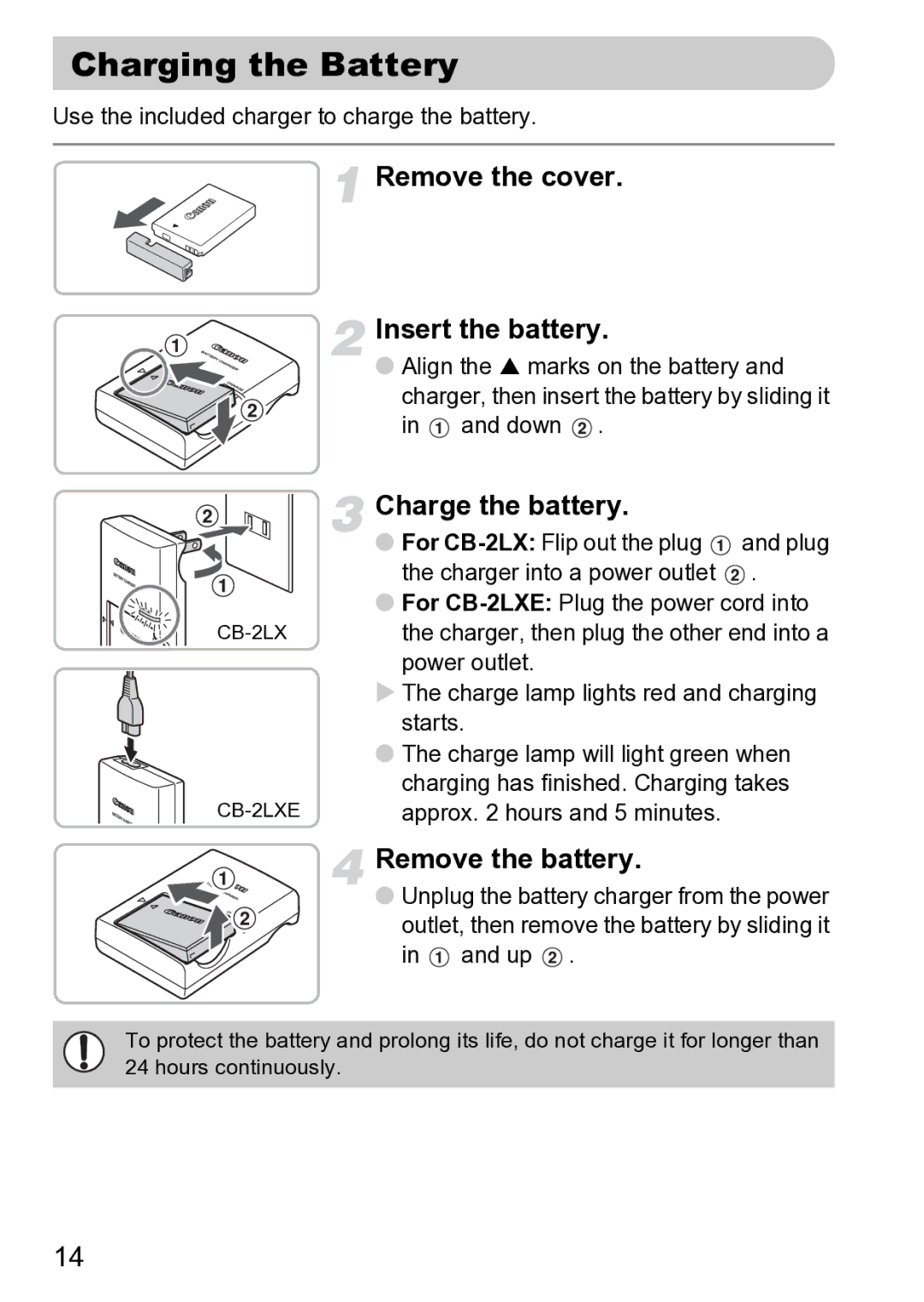 Canon Sx200 Is manual Charging the Battery, Remove the cover Insert the battery, Charge the battery, Remove the battery 