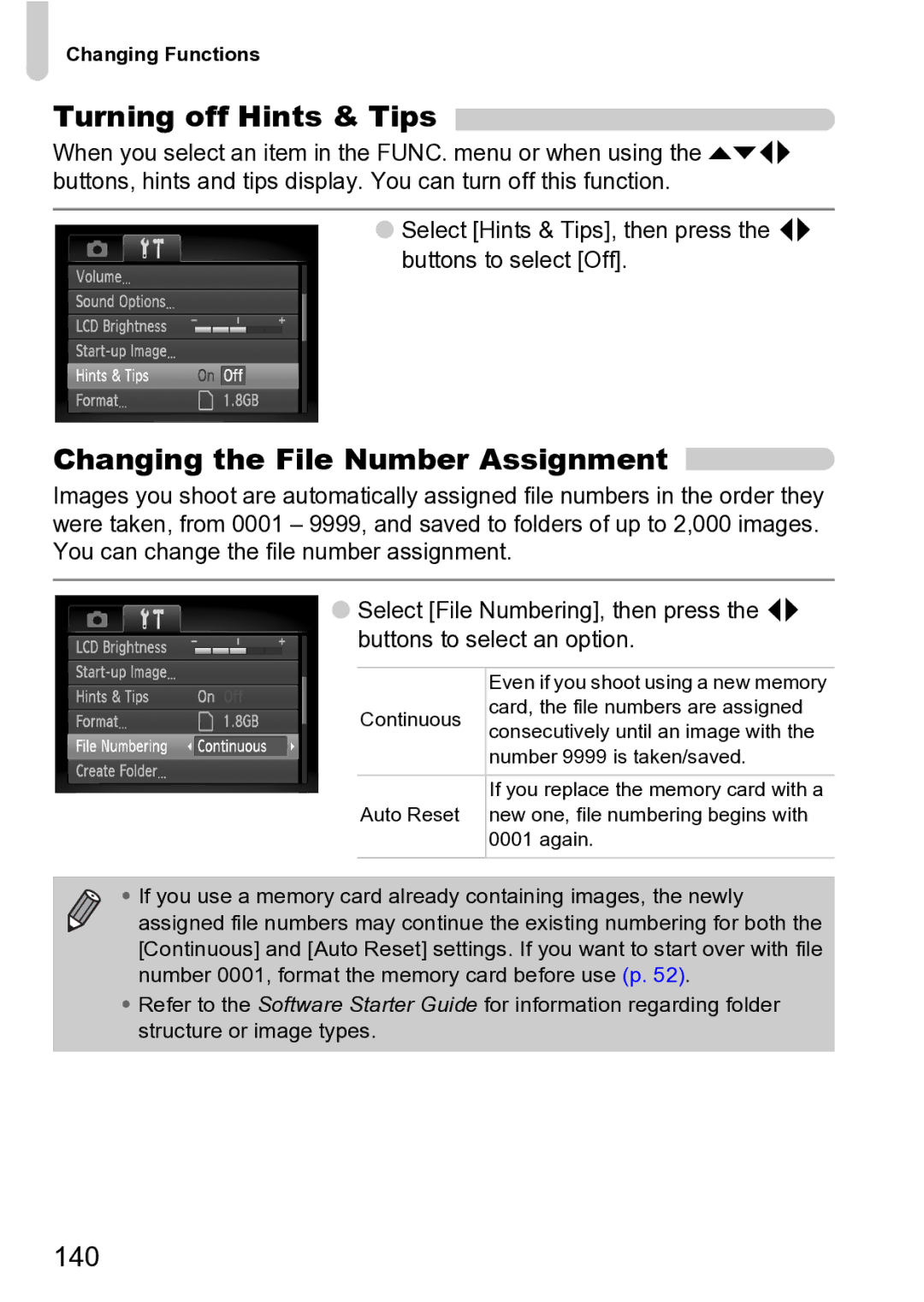 Canon Sx200 Is manual Turning off Hints & Tips, Changing the File Number Assignment, 140 