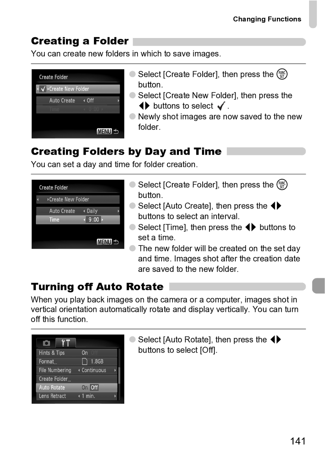 Canon Sx200 Is manual Creating a Folder, Creating Folders by Day and Time, Turning off Auto Rotate, 141 