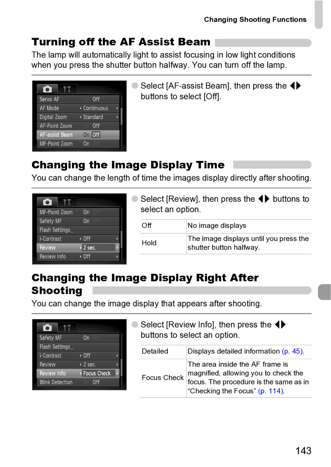 Canon Sx200 Is manual Turning off the AF Assist Beam, Changing the Image Display Time, 143 