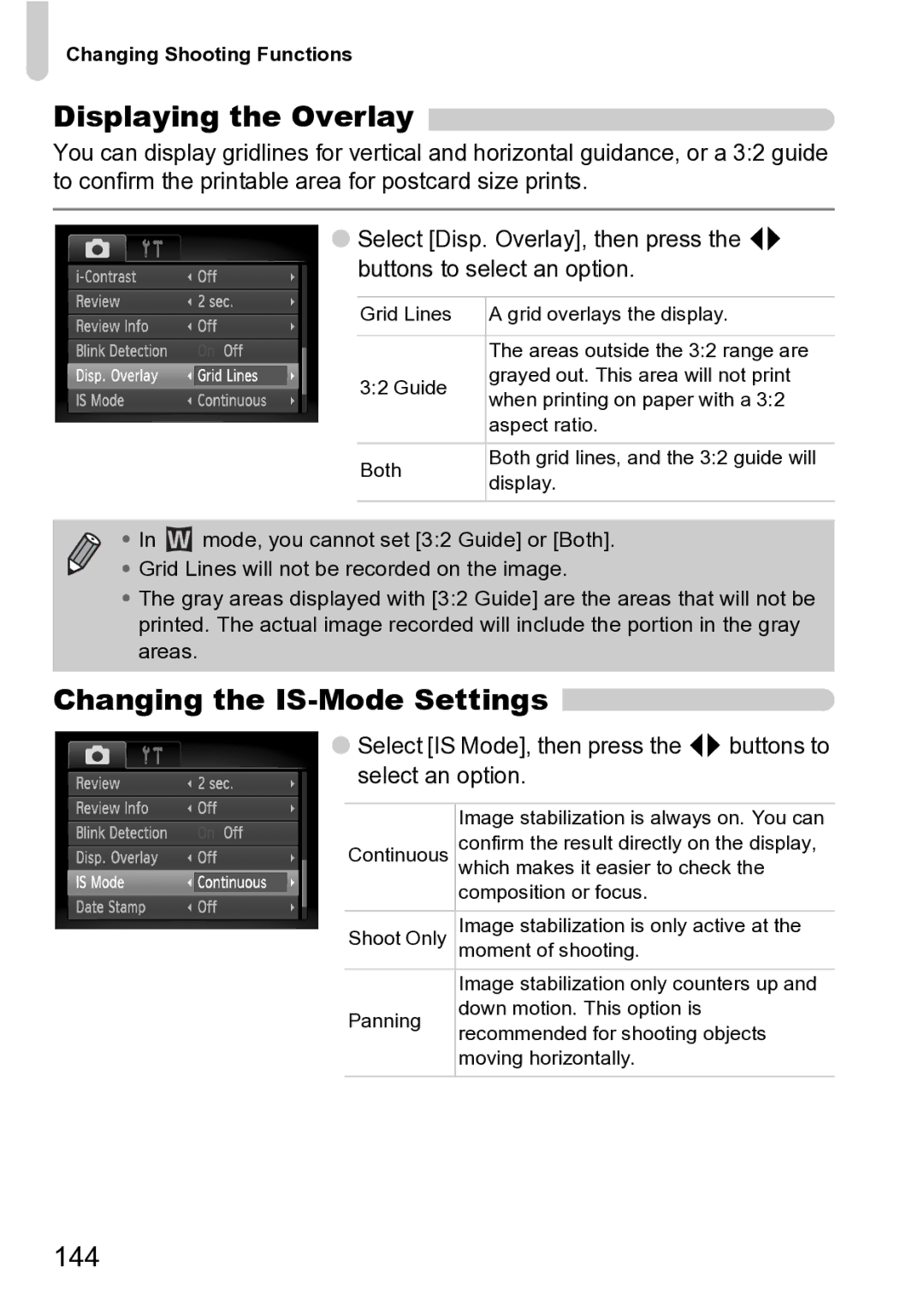 Canon Sx200 Is manual Displaying the Overlay, Changing the IS-Mode Settings, 144 