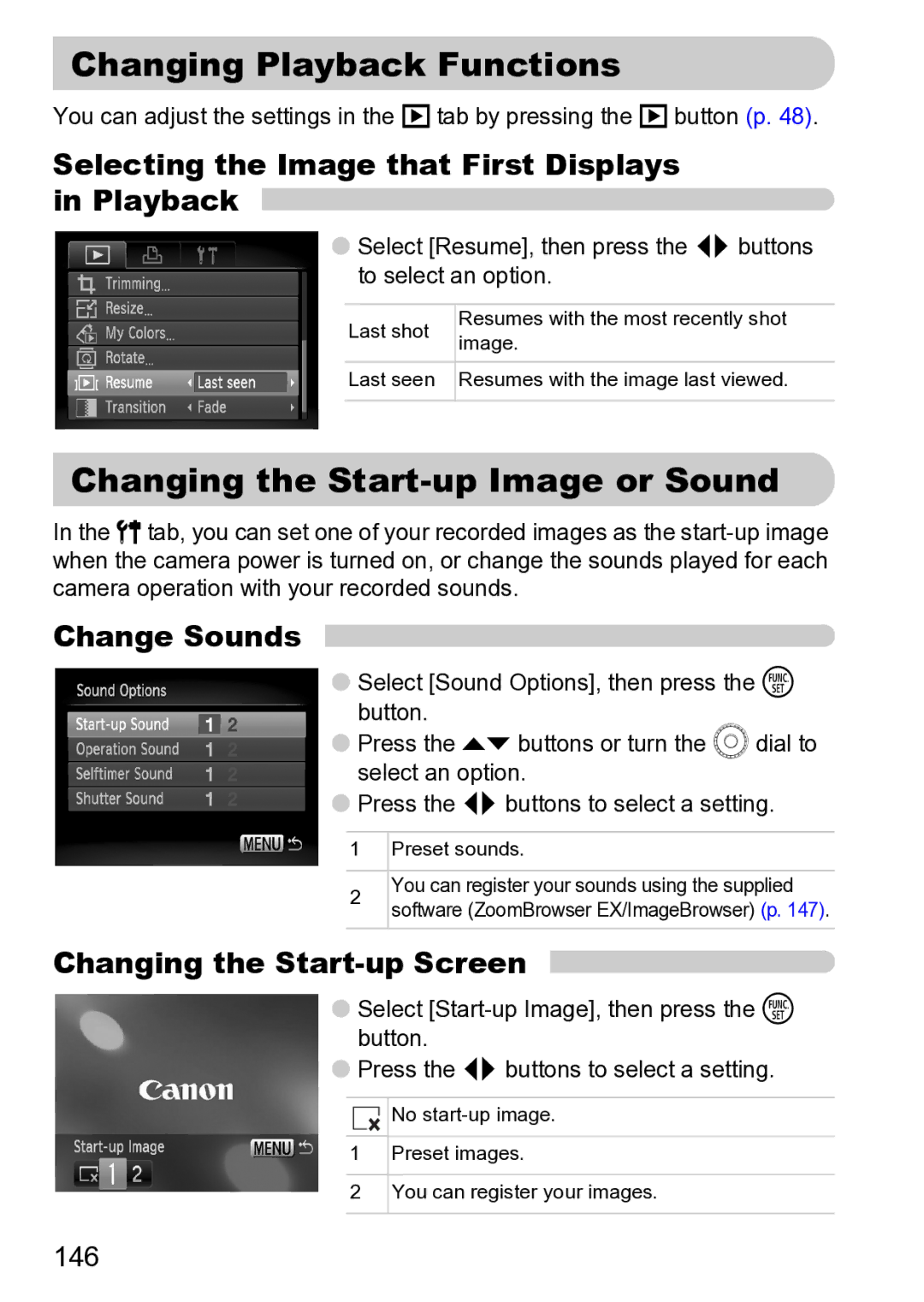 Canon Sx200 Is manual Changing Playback Functions, Changing the Start-up Image or Sound, Change Sounds 