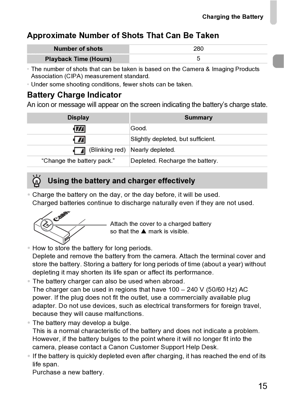 Canon Sx200 Is manual Approximate Number of Shots That Can Be Taken, Battery Charge Indicator 