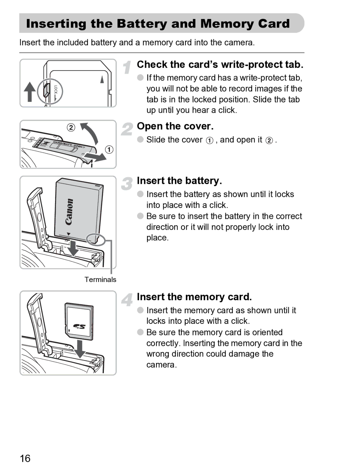 Canon Sx200 Is manual Inserting the Battery and Memory Card, Check the card’s write-protect tab, Open the cover 