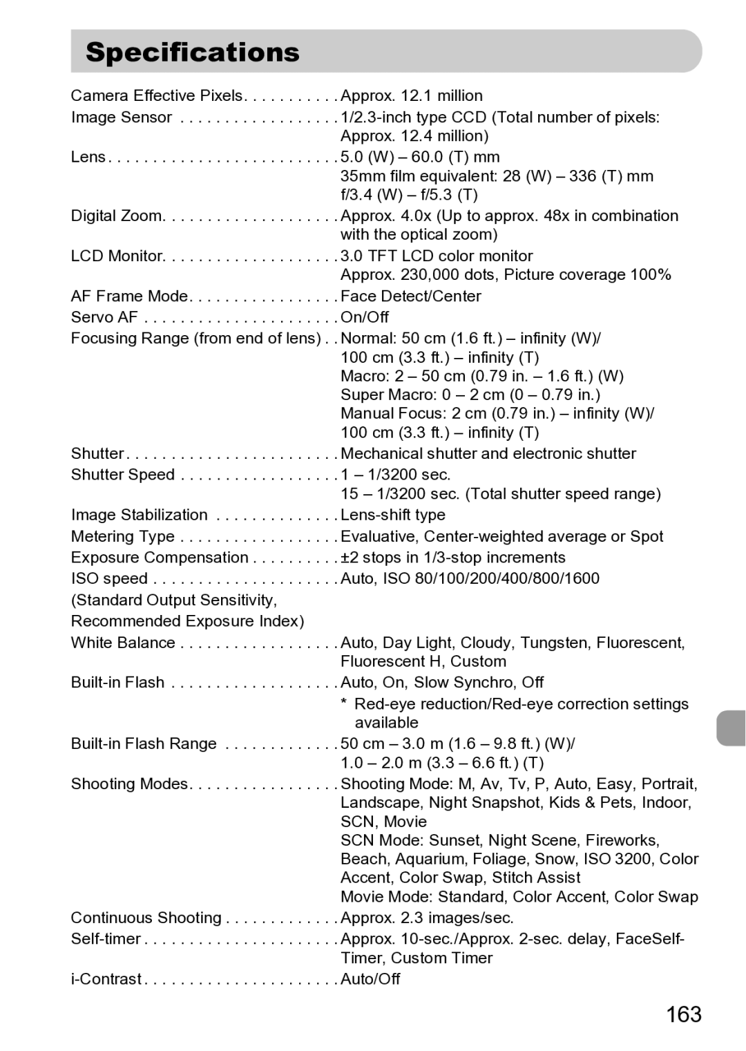 Canon Sx200 Is manual Specifications, 163 