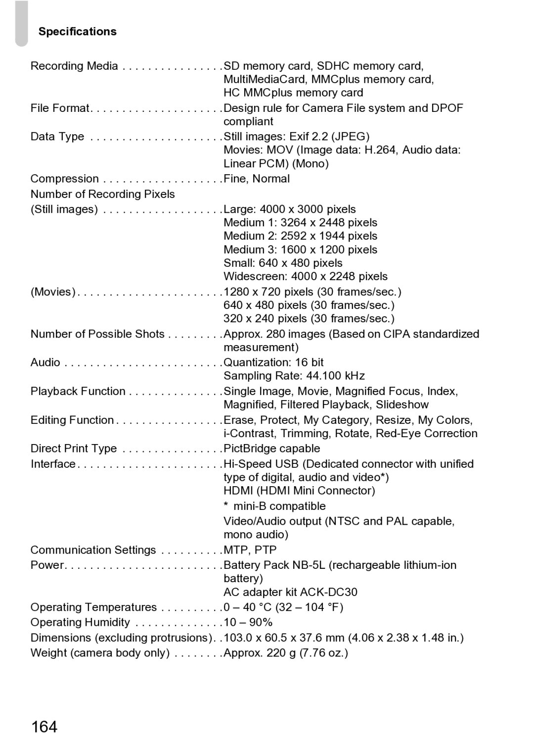 Canon Sx200 Is manual 164, Specifications 