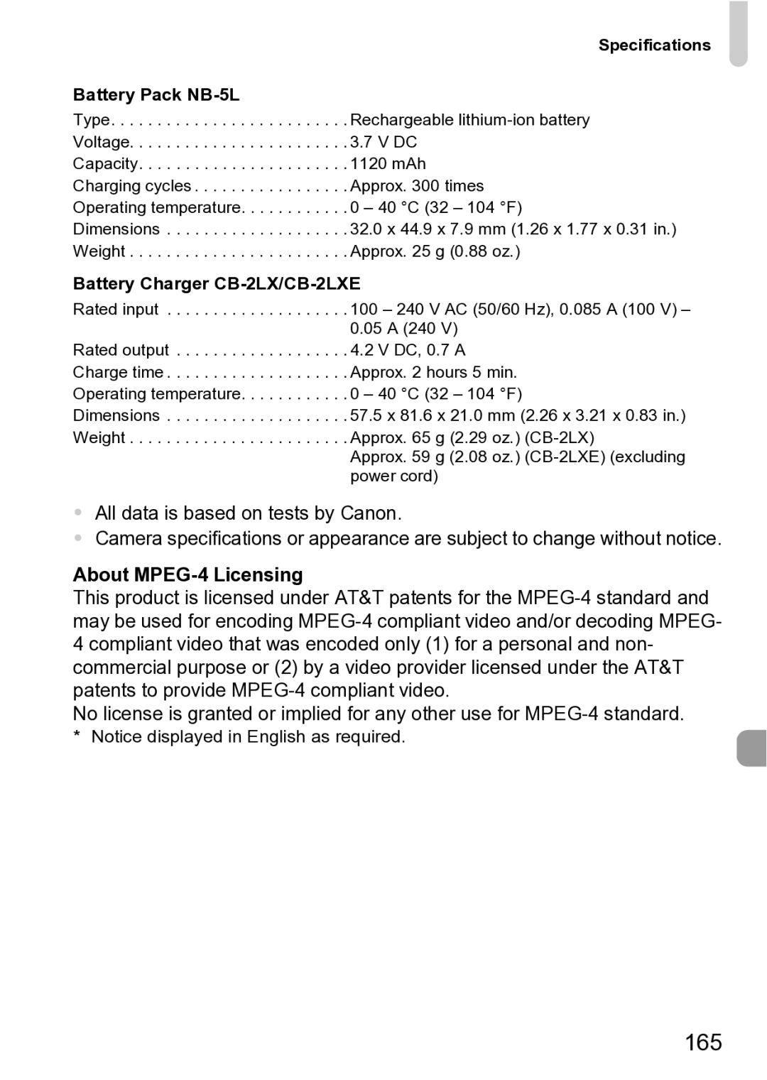 Canon Sx200 Is manual 165, All data is based on tests by Canon, Specifications Battery Pack NB-5L 