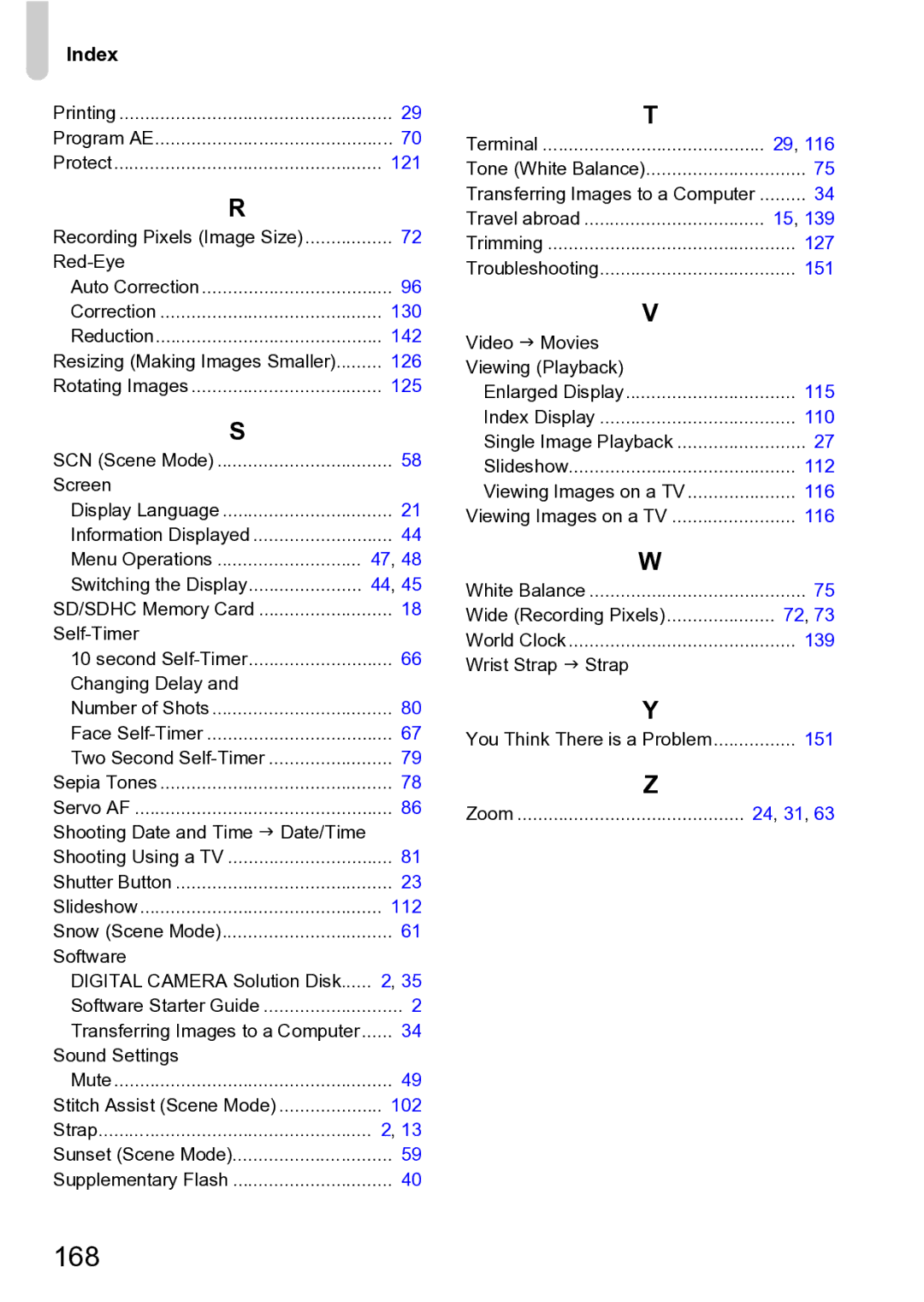 Canon Sx200 Is manual 168, Index 