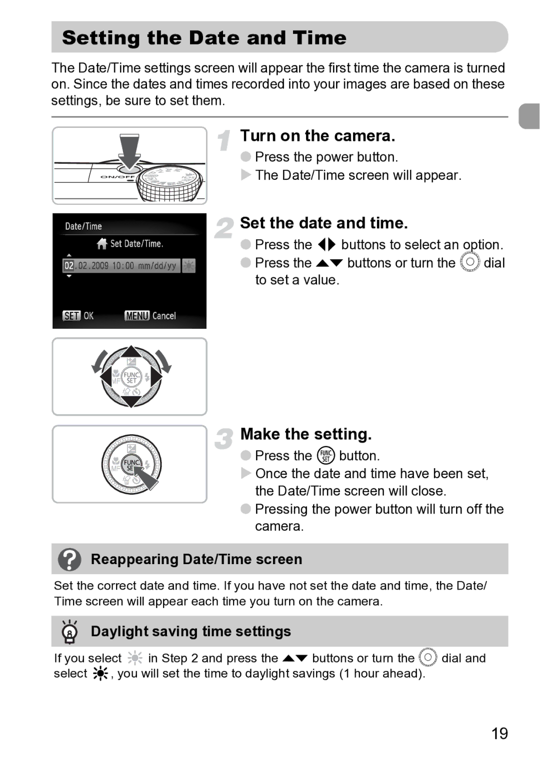 Canon Sx200 Is manual Setting the Date and Time, Turn on the camera, Set the date and time, Make the setting 