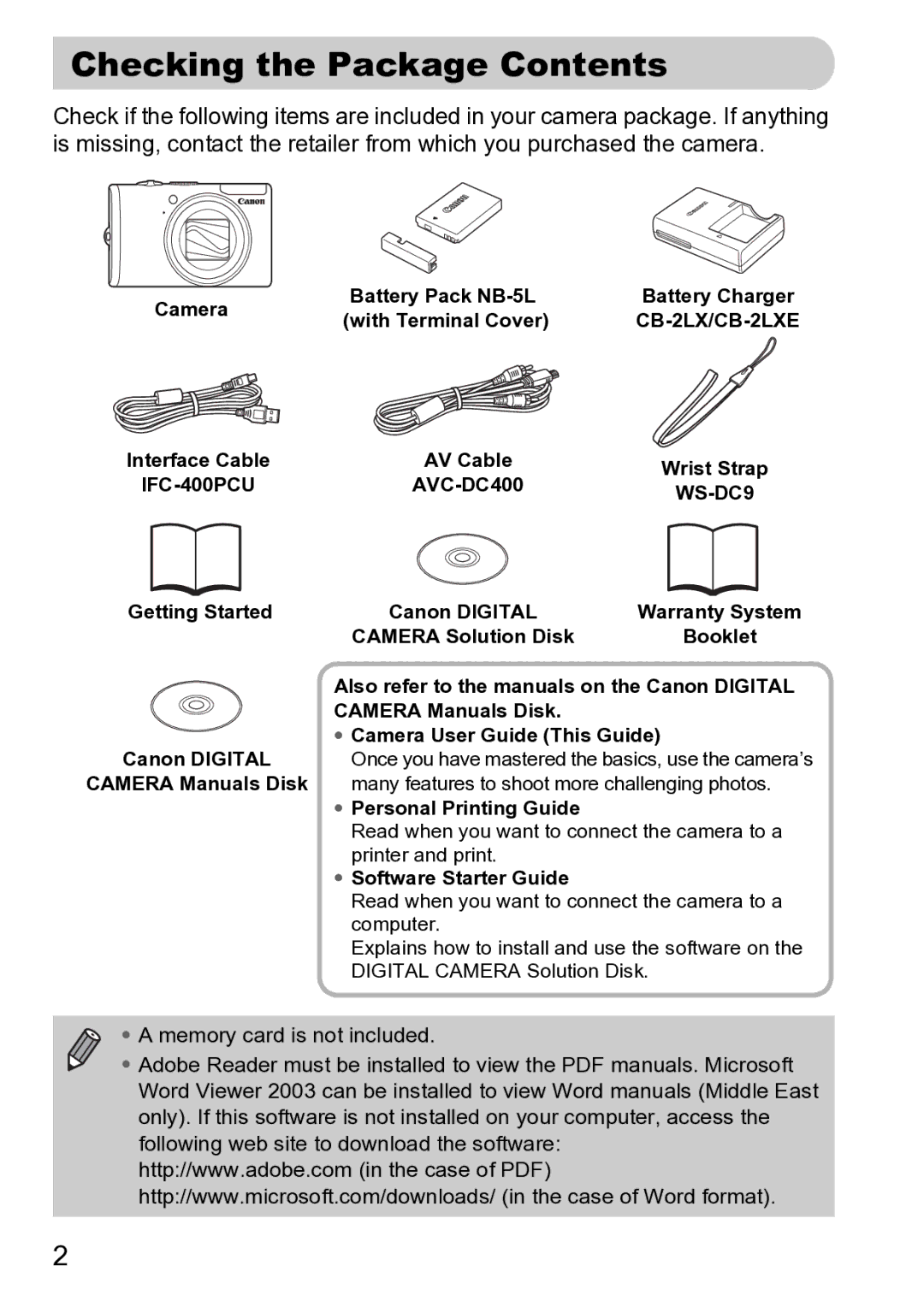 Canon Sx200 Is manual Checking the Package Contents 