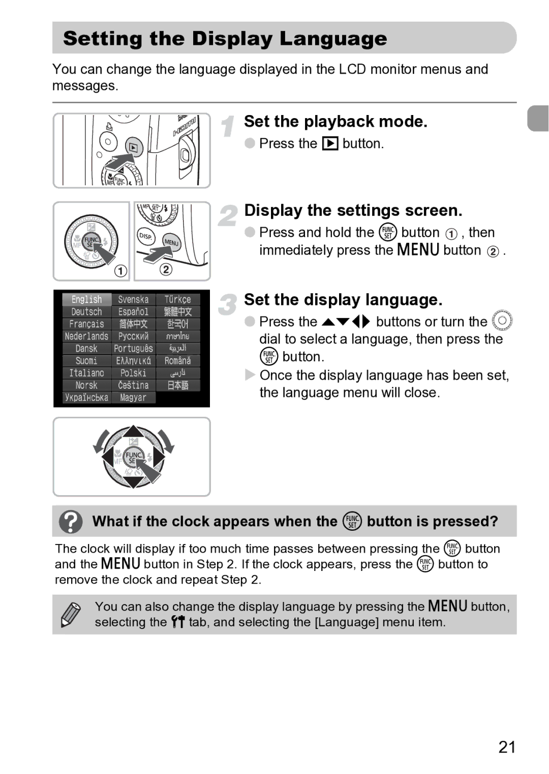 Canon Sx200 Is Setting the Display Language, Set the playback mode, Display the settings screen, Set the display language 