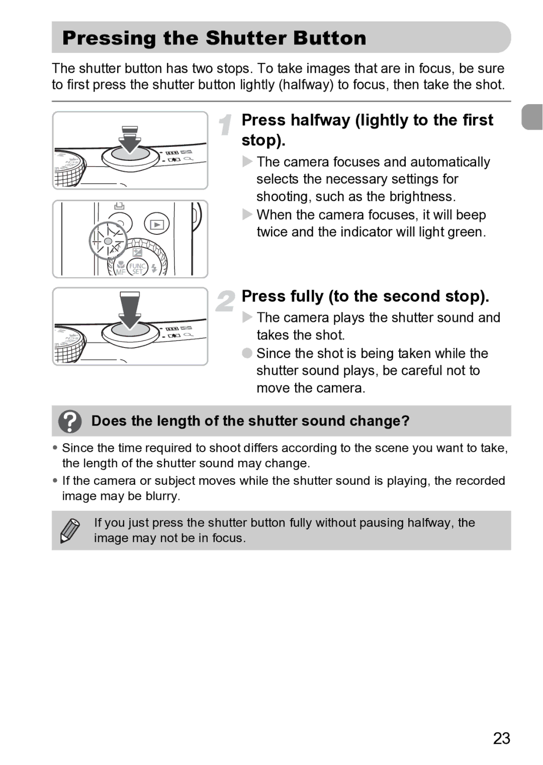 Canon Sx200 Is manual Pressing the Shutter Button, Press halfway lightly to the first stop, Press fully to the second stop 