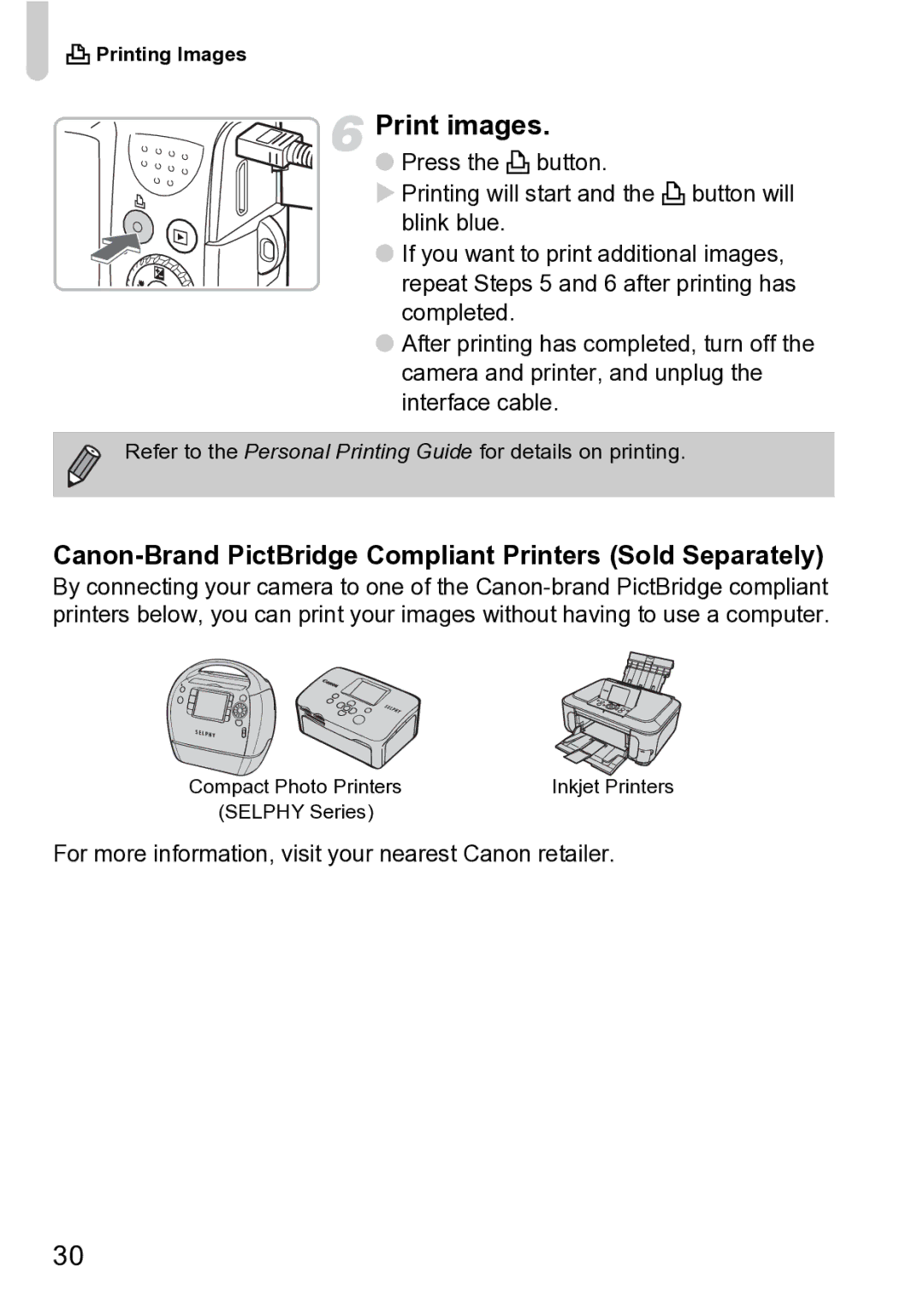 Canon Sx200 Is manual Print images, Canon-Brand PictBridge Compliant Printers Sold Separately, Printing Images 